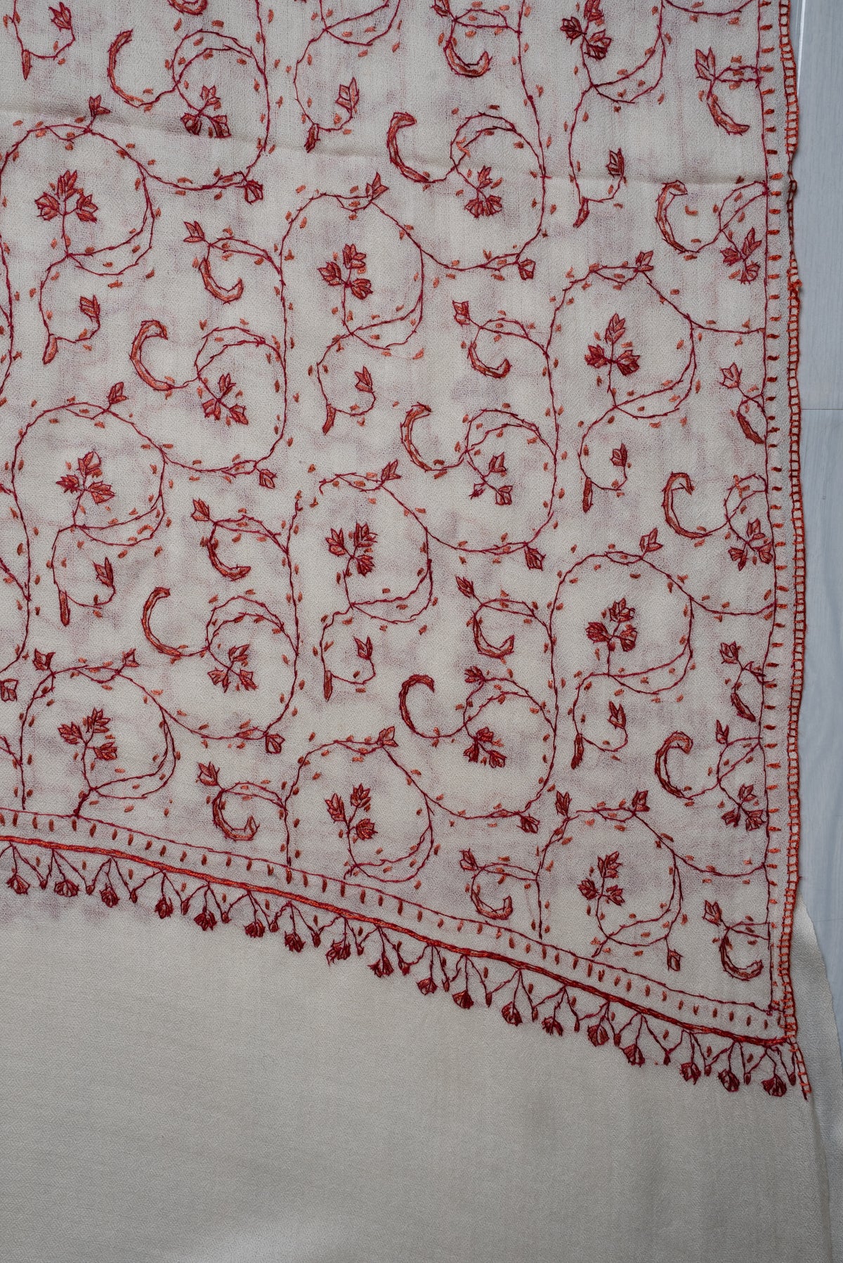 Ivory Scarlet Vine Grace: Merino Wool Hand Embroidered 2.5 Yards Shawl