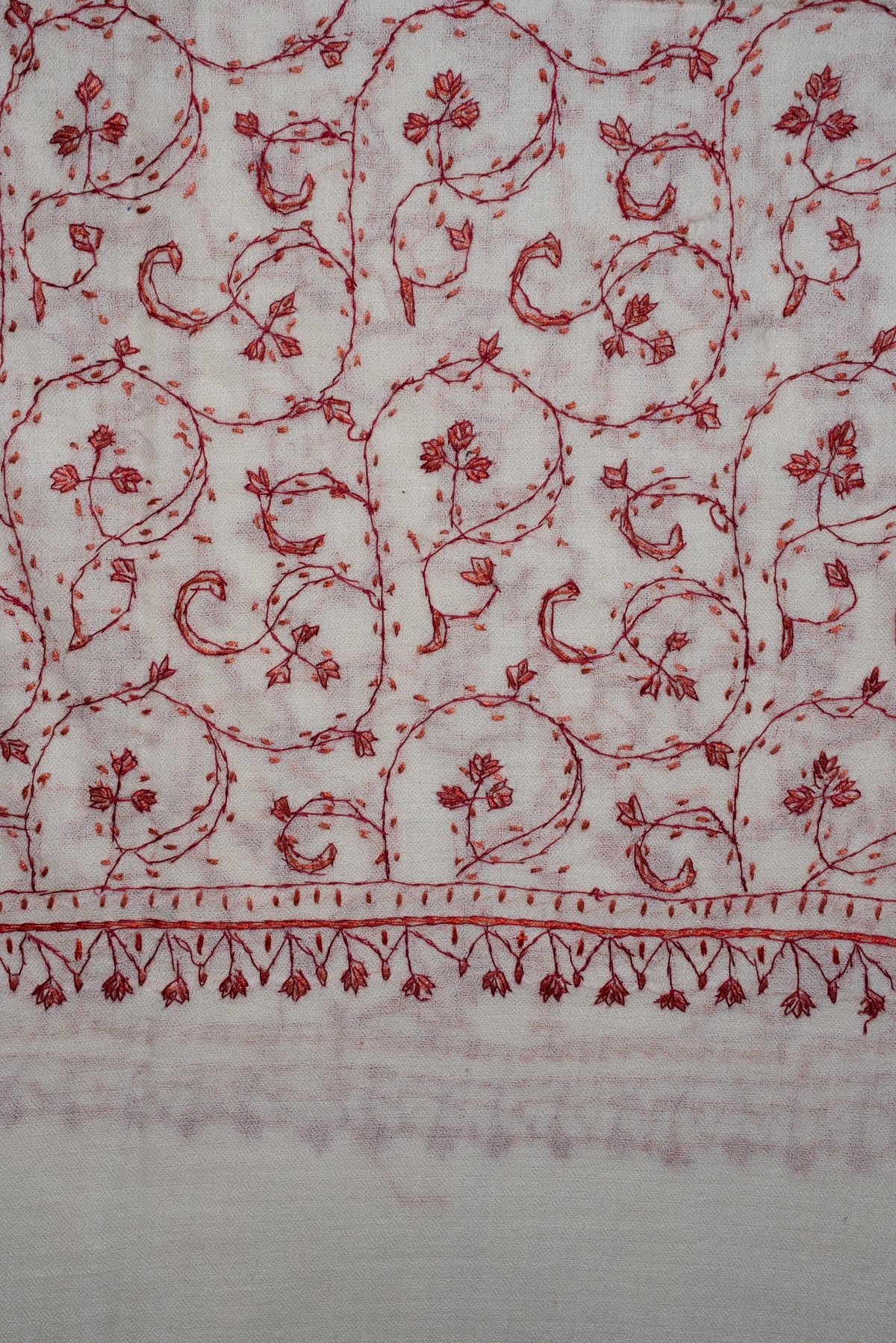 Ivory Scarlet Vine Grace: Merino Wool Hand Embroidered 2.5 Yards Shawl