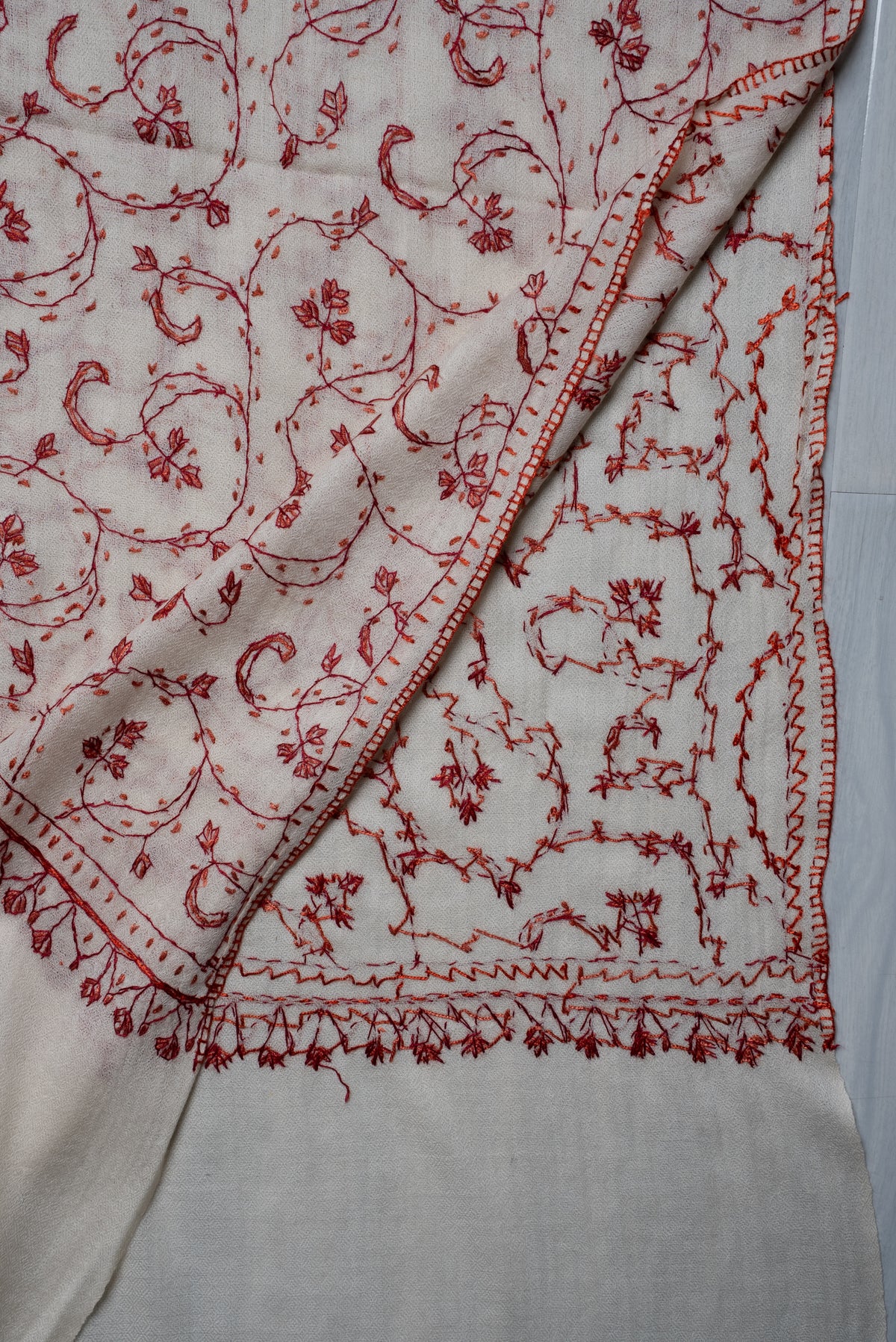 Ivory Scarlet Vine Grace: Merino Wool Hand Embroidered 2.5 Yards Shawl