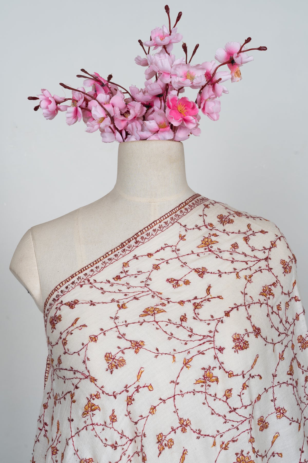 Blossom Vine Ivory: Merino wool 2.5 Yards Sozni Hand Embroidered Shawl