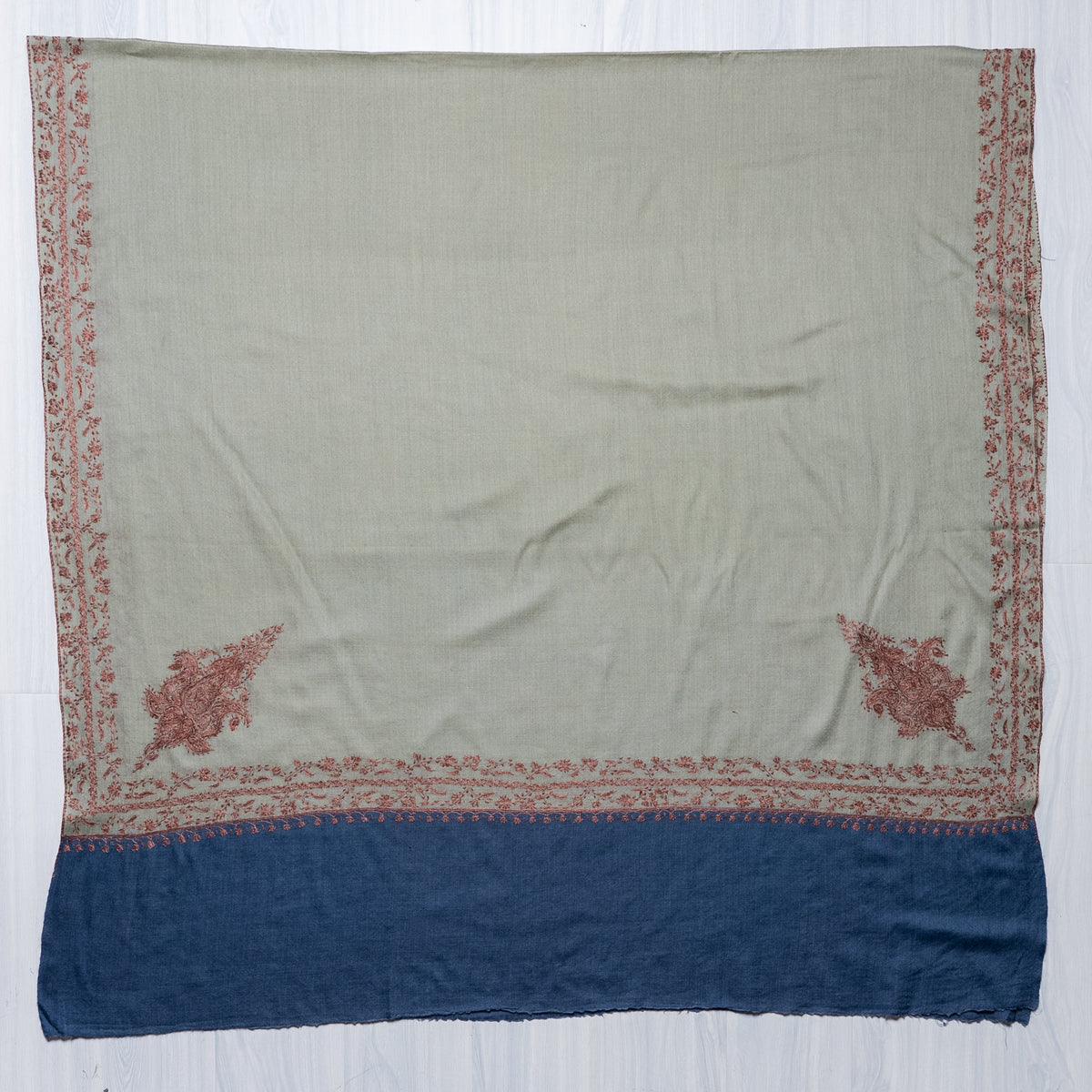 Sage Meadow Dual Tone: Merino Wool Hand Embroidered 2.5 Yards Shawl