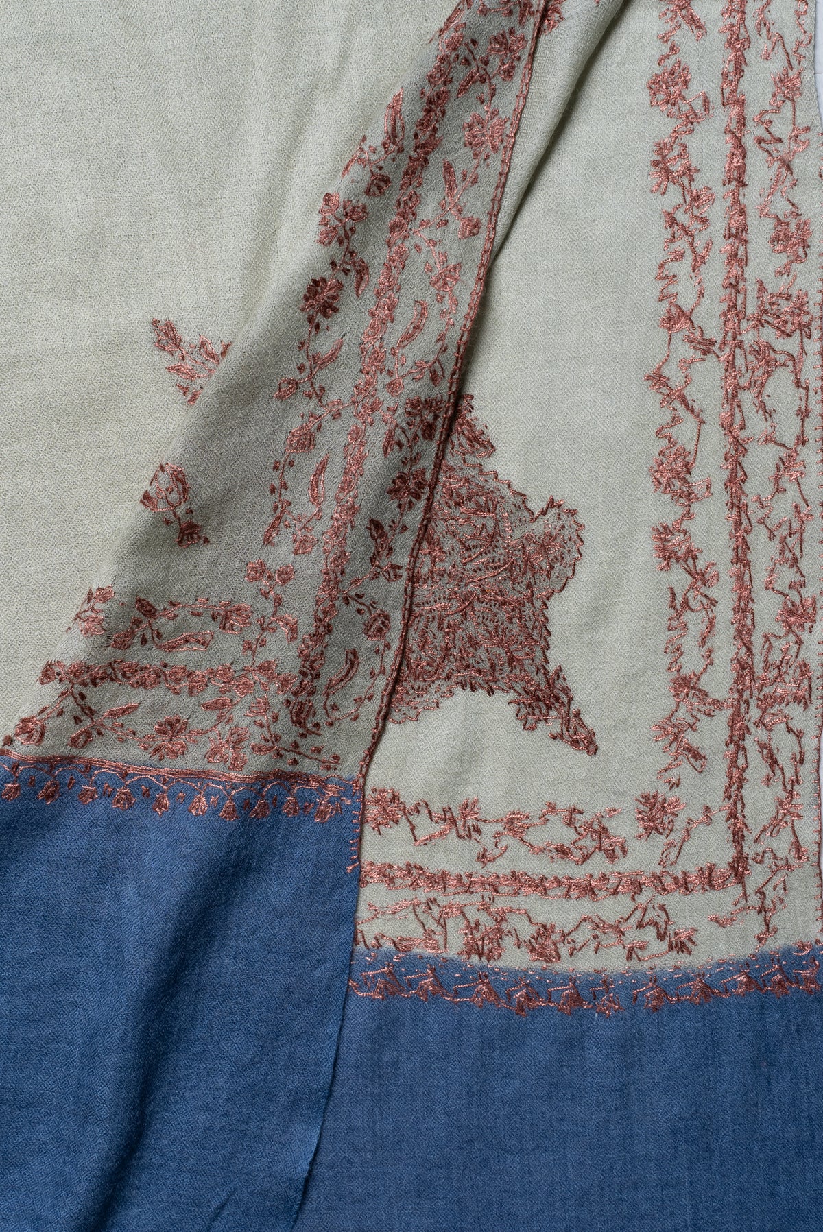 Sage Meadow Dual Tone: Merino Wool Hand Embroidered 2.5 Yards Shawl