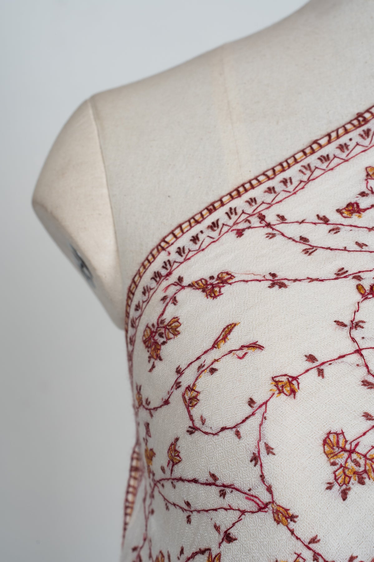 Blossom Vine Ivory: Merino wool 2.5 Yards Sozni Hand Embroidered Shawl