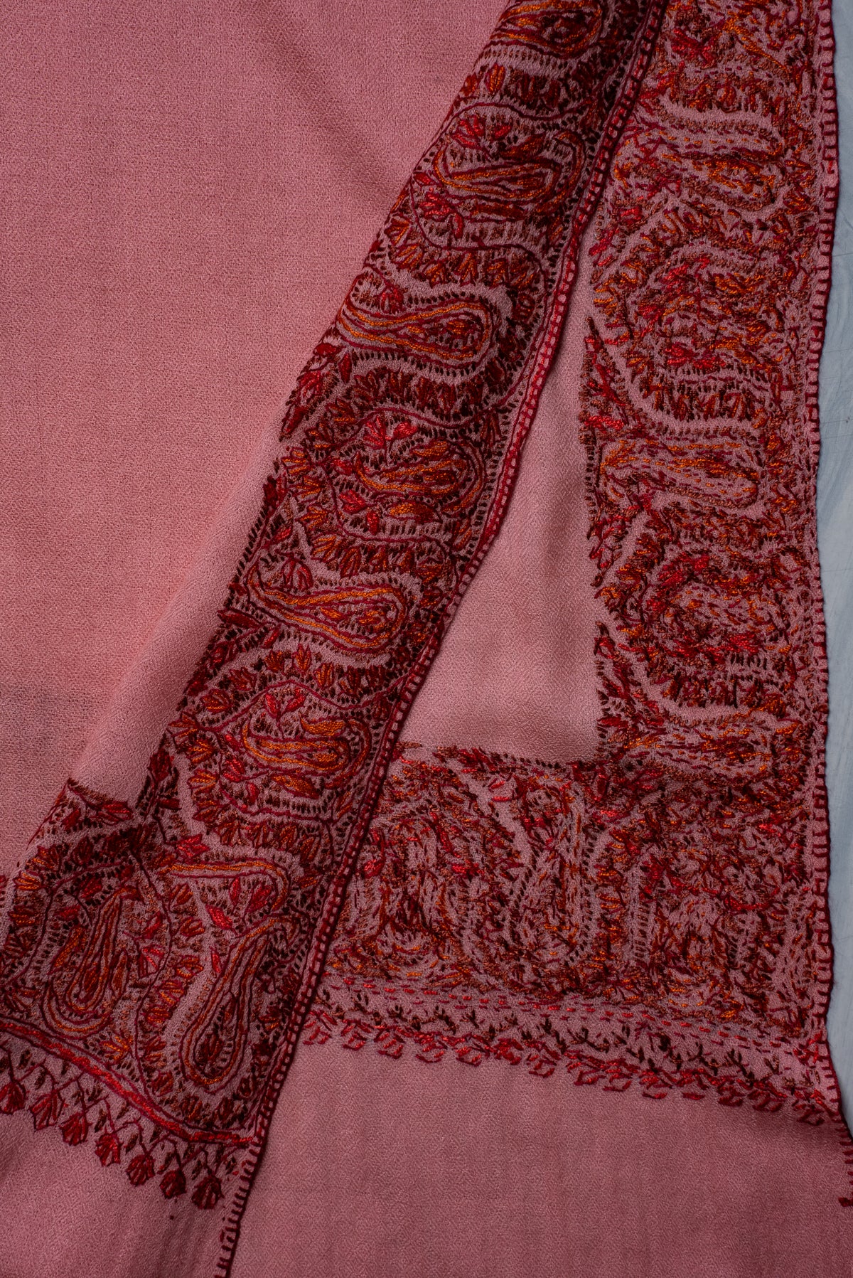 Blush Rose Regal Border: Merino Wool Hand Embroidered 2.5 Yards Shawl