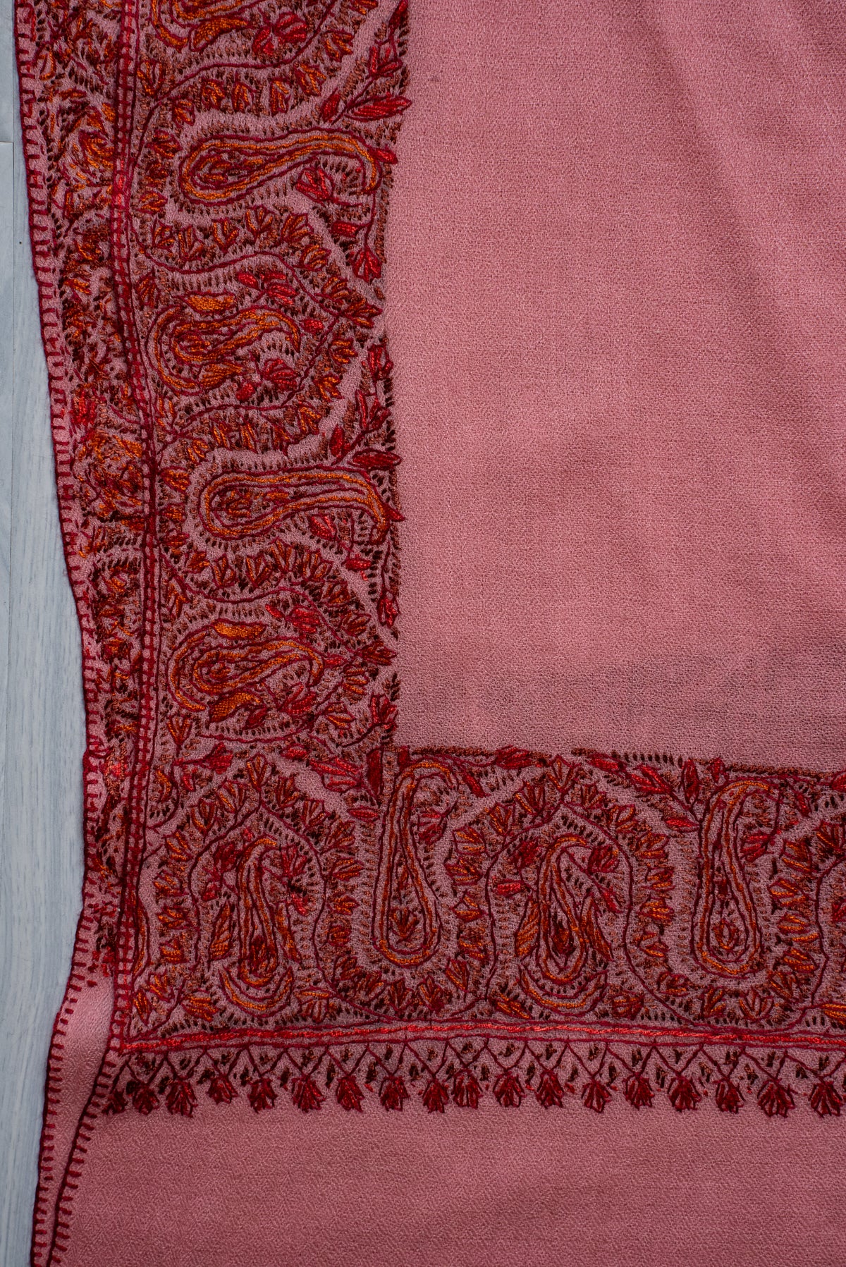 Blush Rose Regal Border: Merino Wool Hand Embroidered 2.5 Yards Shawl