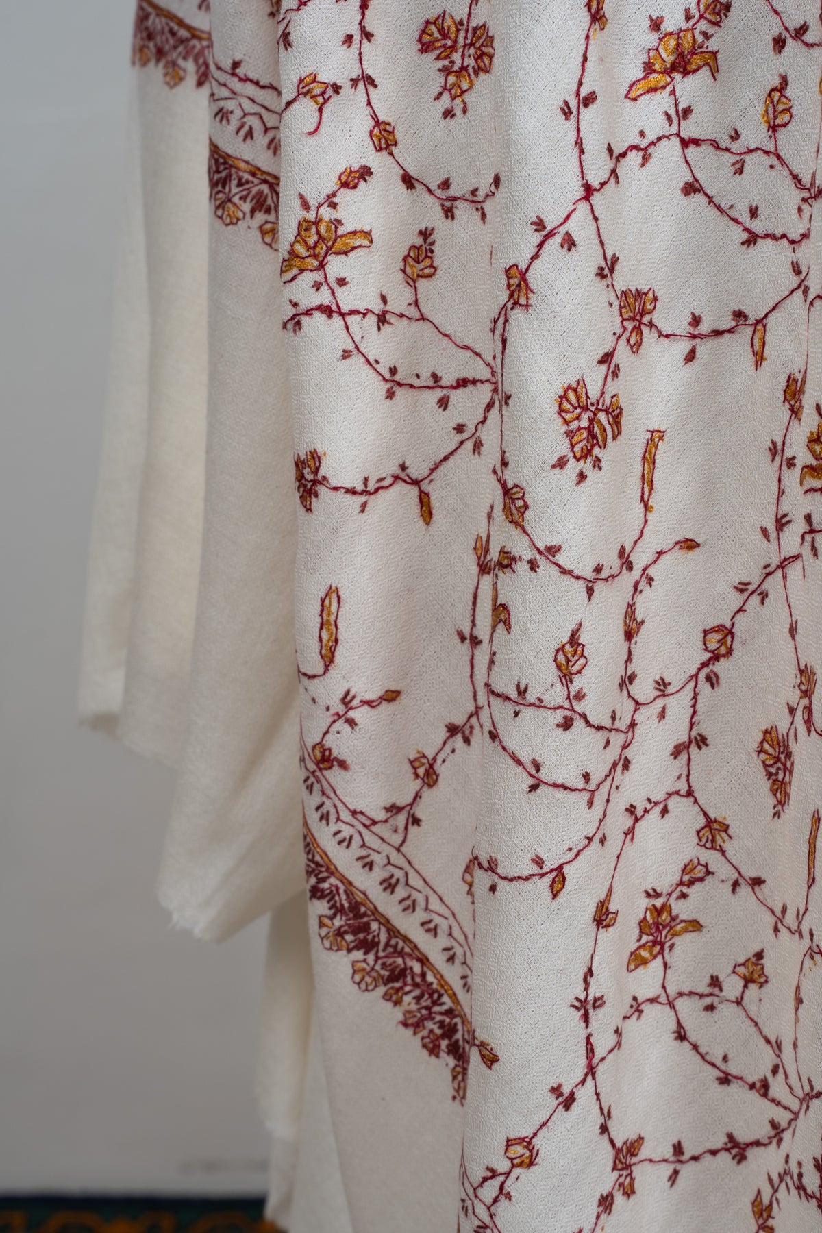 Blossom Vine Ivory: Merino wool 2.5 Yards Sozni Hand Embroidered Shawl