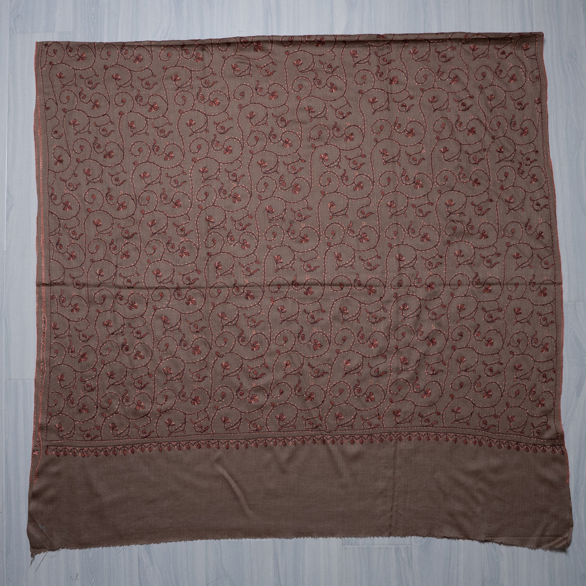 Cocoa Vine Elegance: Merino Wool Hand Embroidered 2.5 Yards Shawl