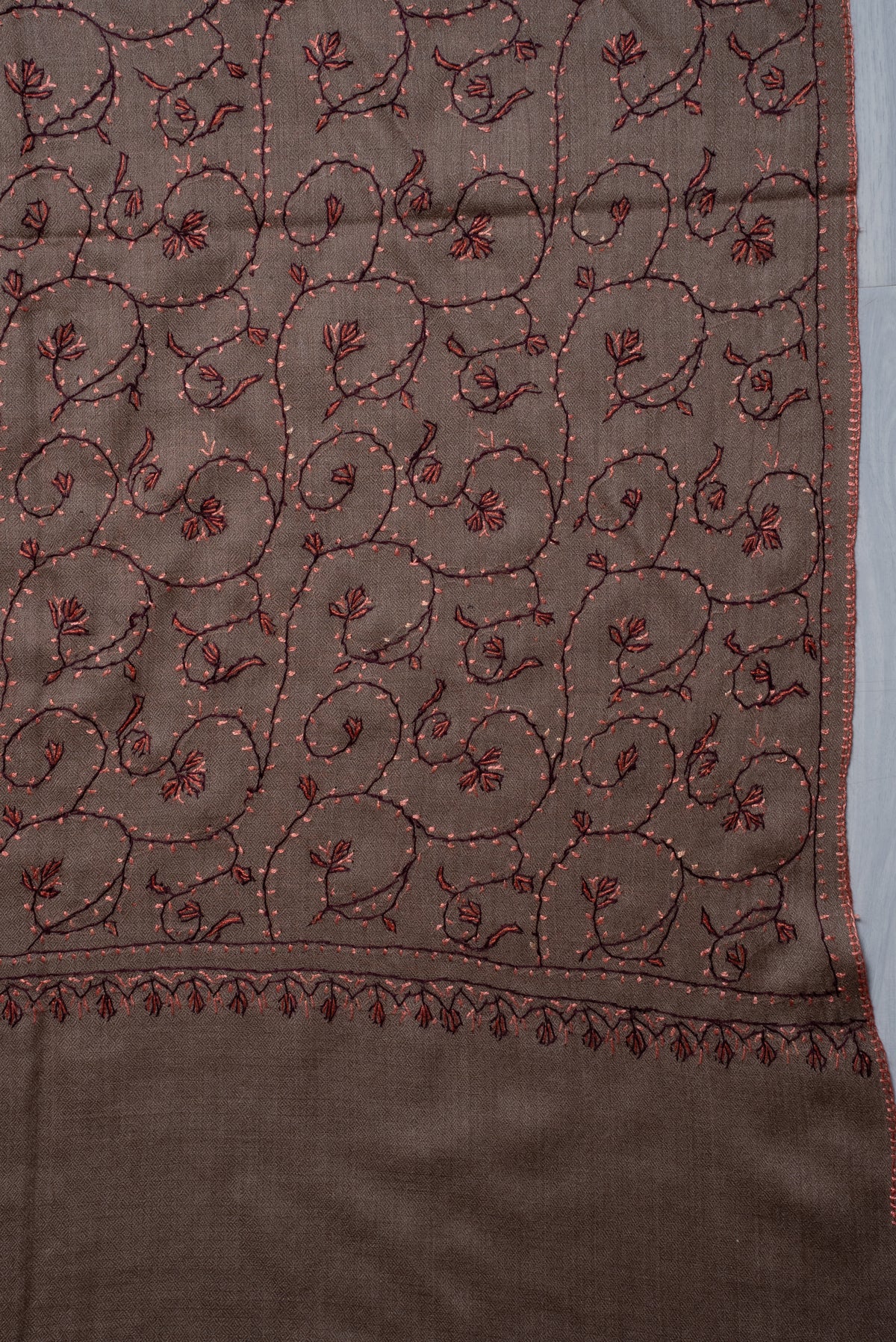Cocoa Vine Elegance: Merino Wool Hand Embroidered 2.5 Yards Shawl