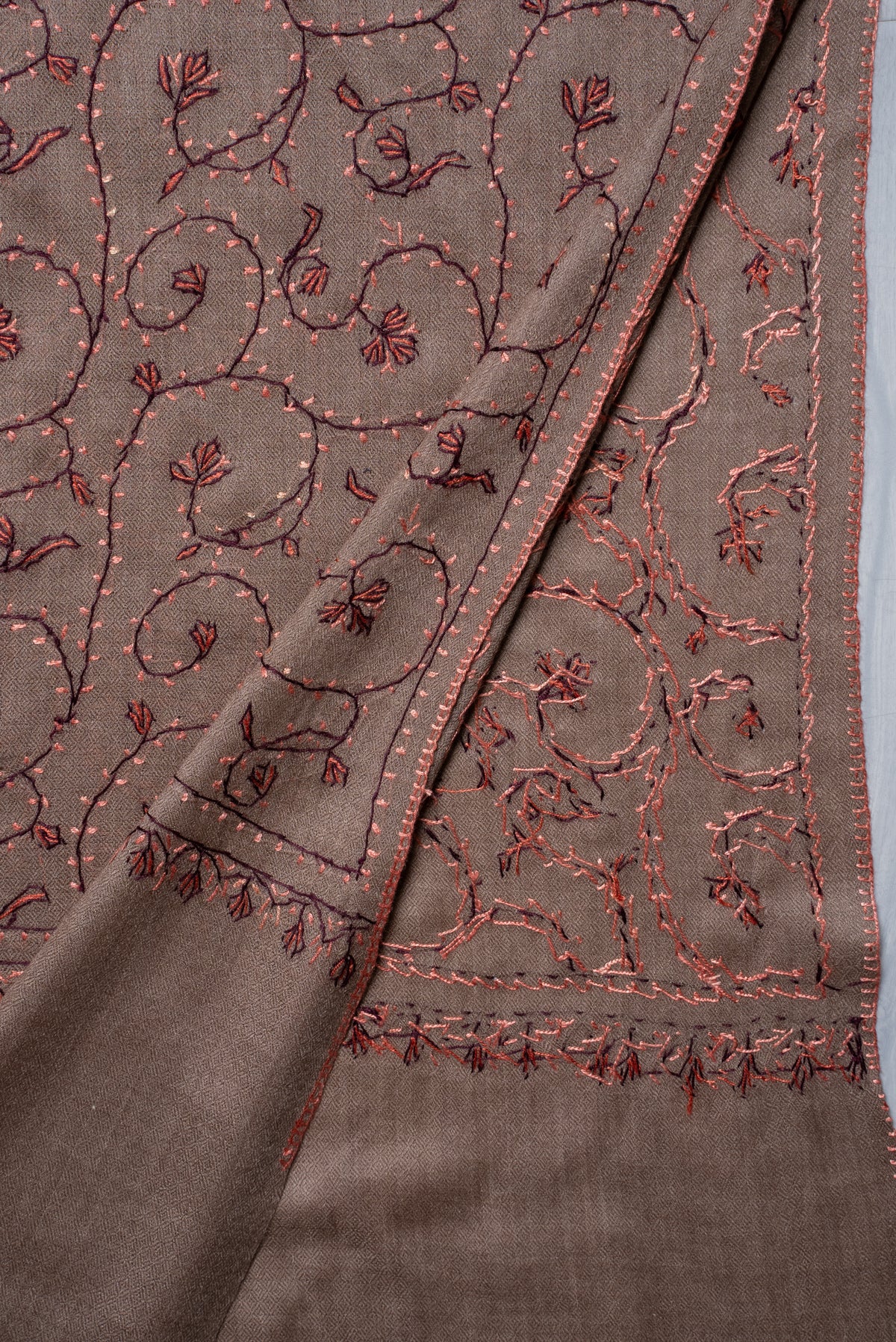 Cocoa Vine Elegance: Merino Wool Hand Embroidered 2.5 Yards Shawl