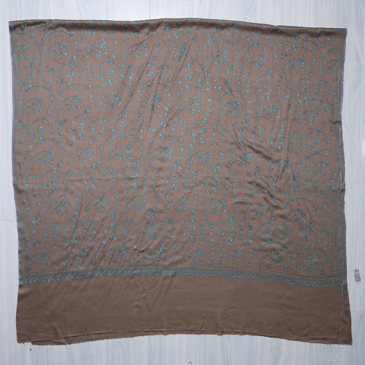 Mocha Teal Floral Symphony: Merino Wool Hand Embroidered 2.5 Yards Shawl