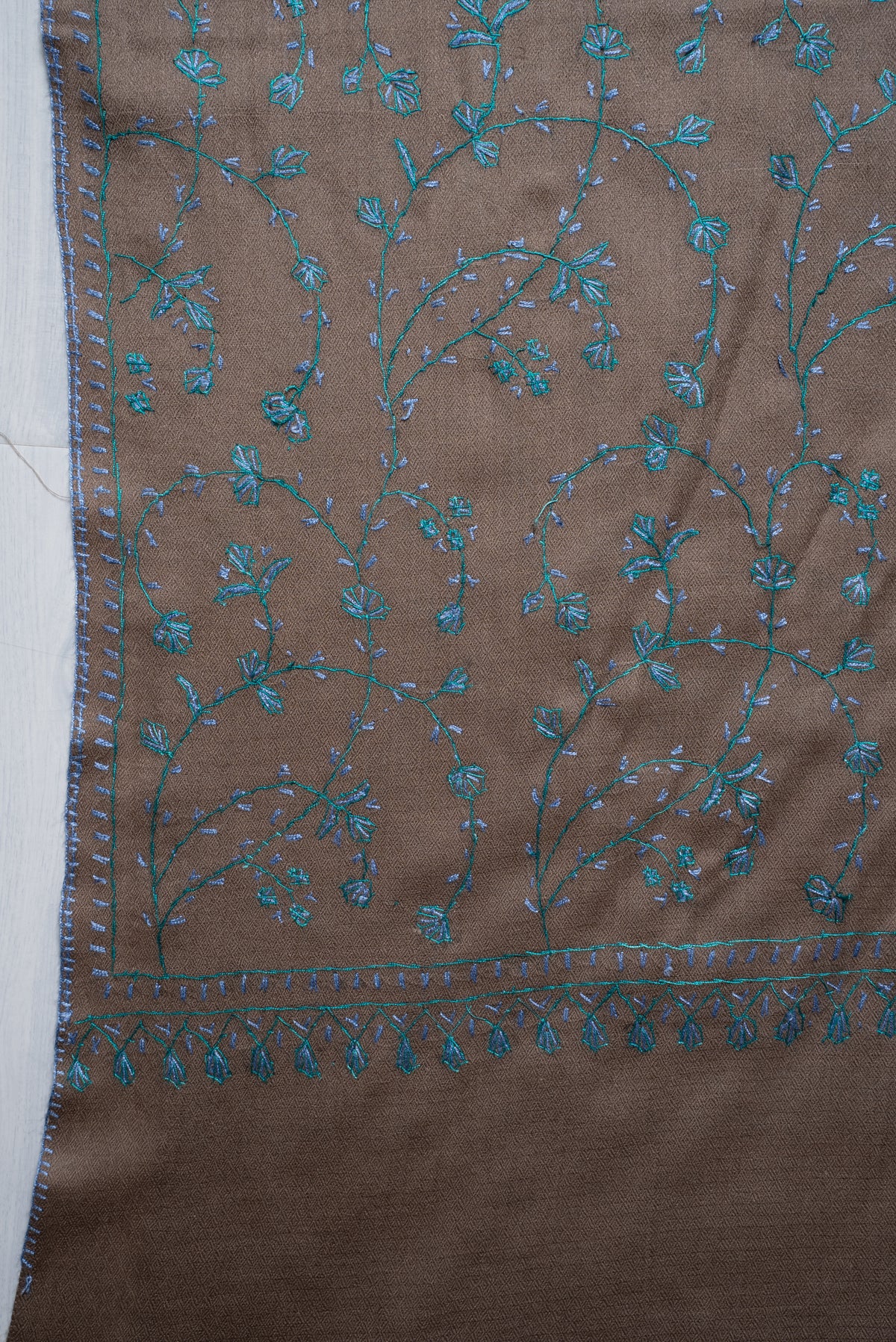 Mocha Teal Floral Symphony: Merino Wool Hand Embroidered 2.5 Yards Shawl