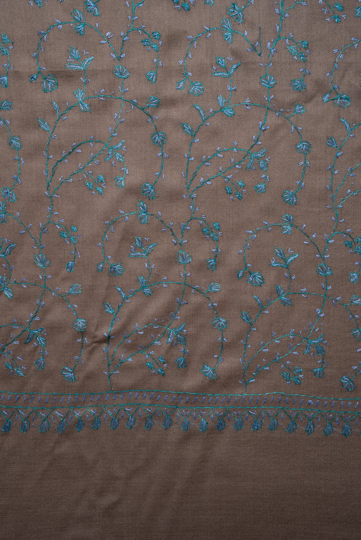 Mocha Teal Floral Symphony: Merino Wool Hand Embroidered 2.5 Yards Shawl