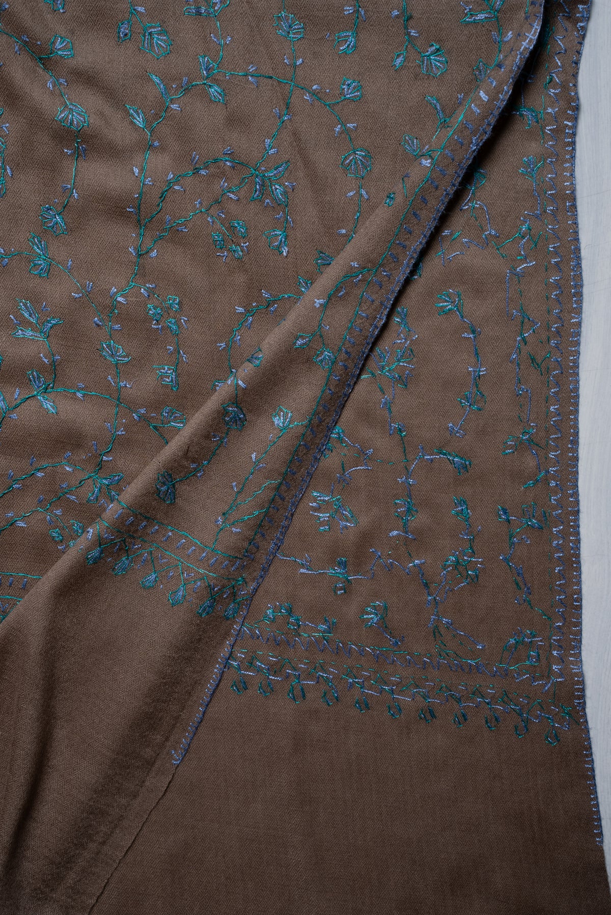 Mocha Teal Floral Symphony: Merino Wool Hand Embroidered 2.5 Yards Shawl