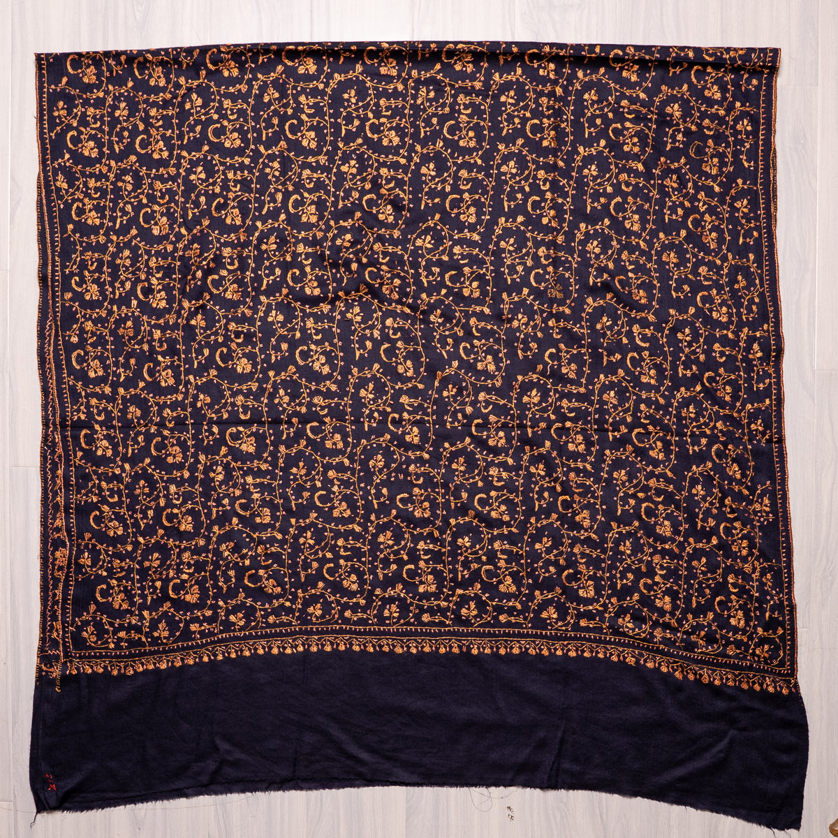 Midnight Gold Vine Royale: Merino Wool Hand Embroidered 2.5 Yards Shawl
