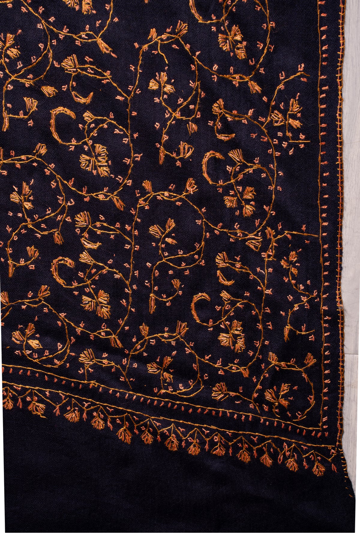 Midnight Gold Vine Royale: Merino Wool Hand Embroidered 2.5 Yards Shawl