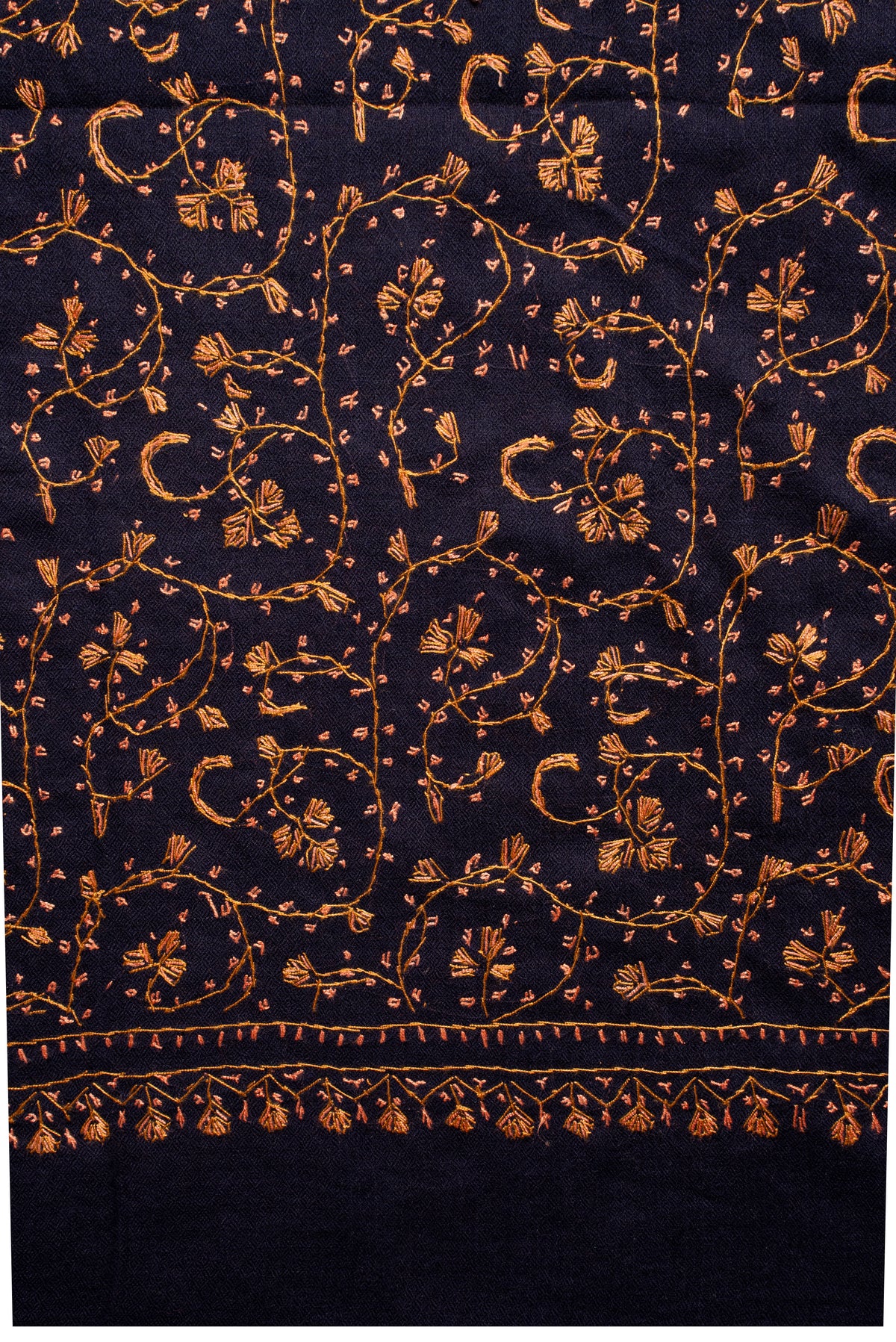 Midnight Gold Vine Royale: Merino Wool Hand Embroidered 2.5 Yards Shawl