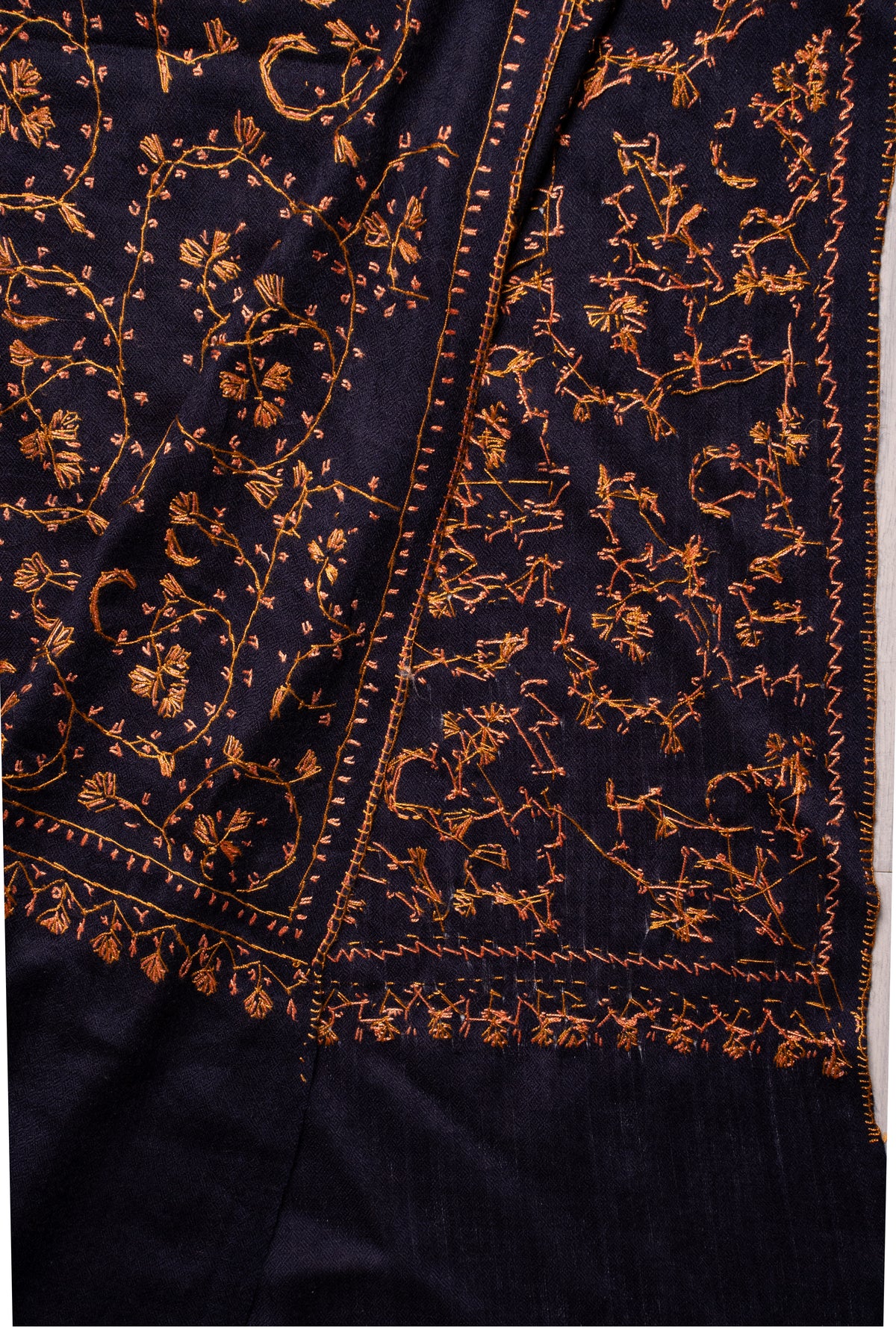 Midnight Gold Vine Royale: Merino Wool Hand Embroidered 2.5 Yards Shawl