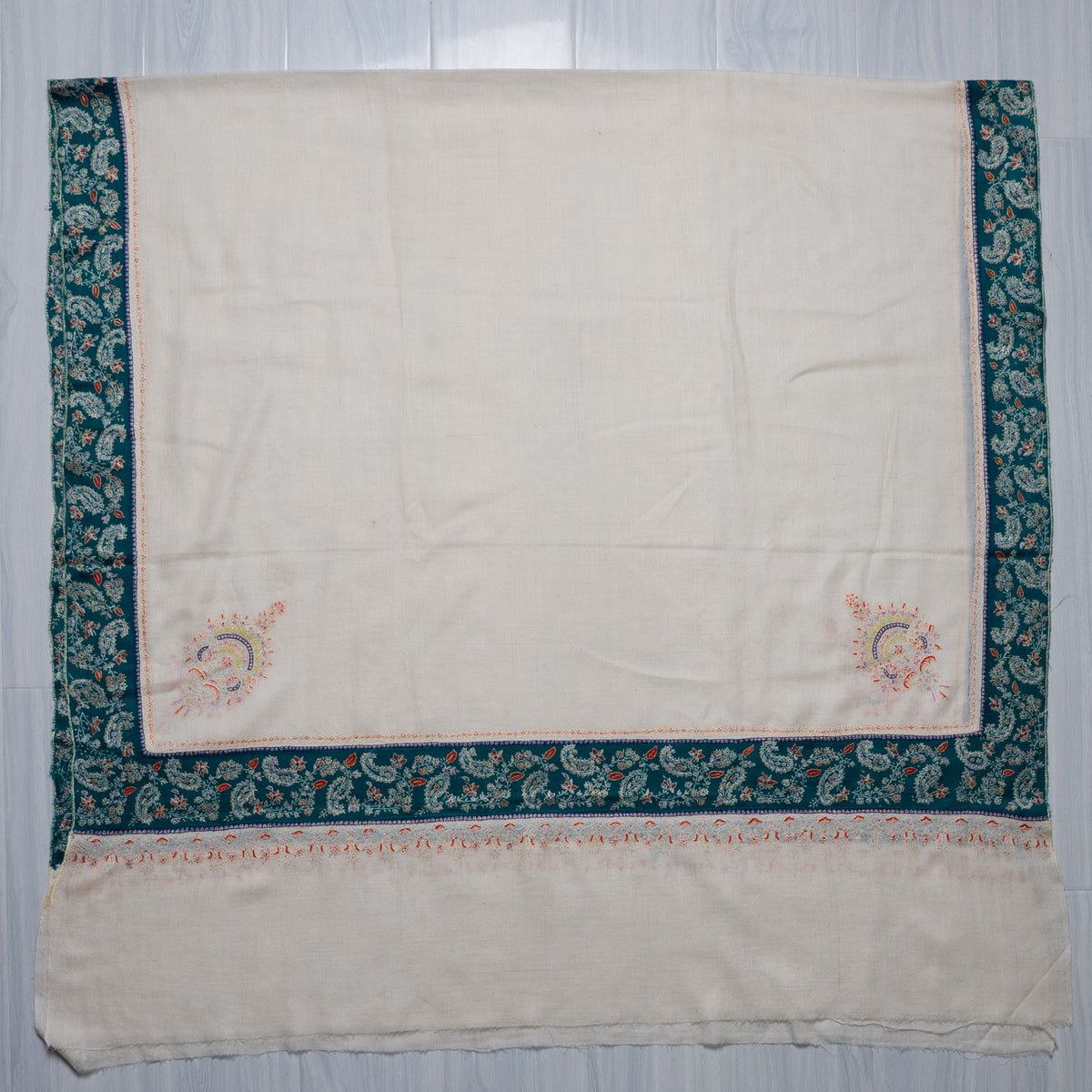 Ivory Teal Heritage Border: Pure Pashmina Hand Embroidered Shawl