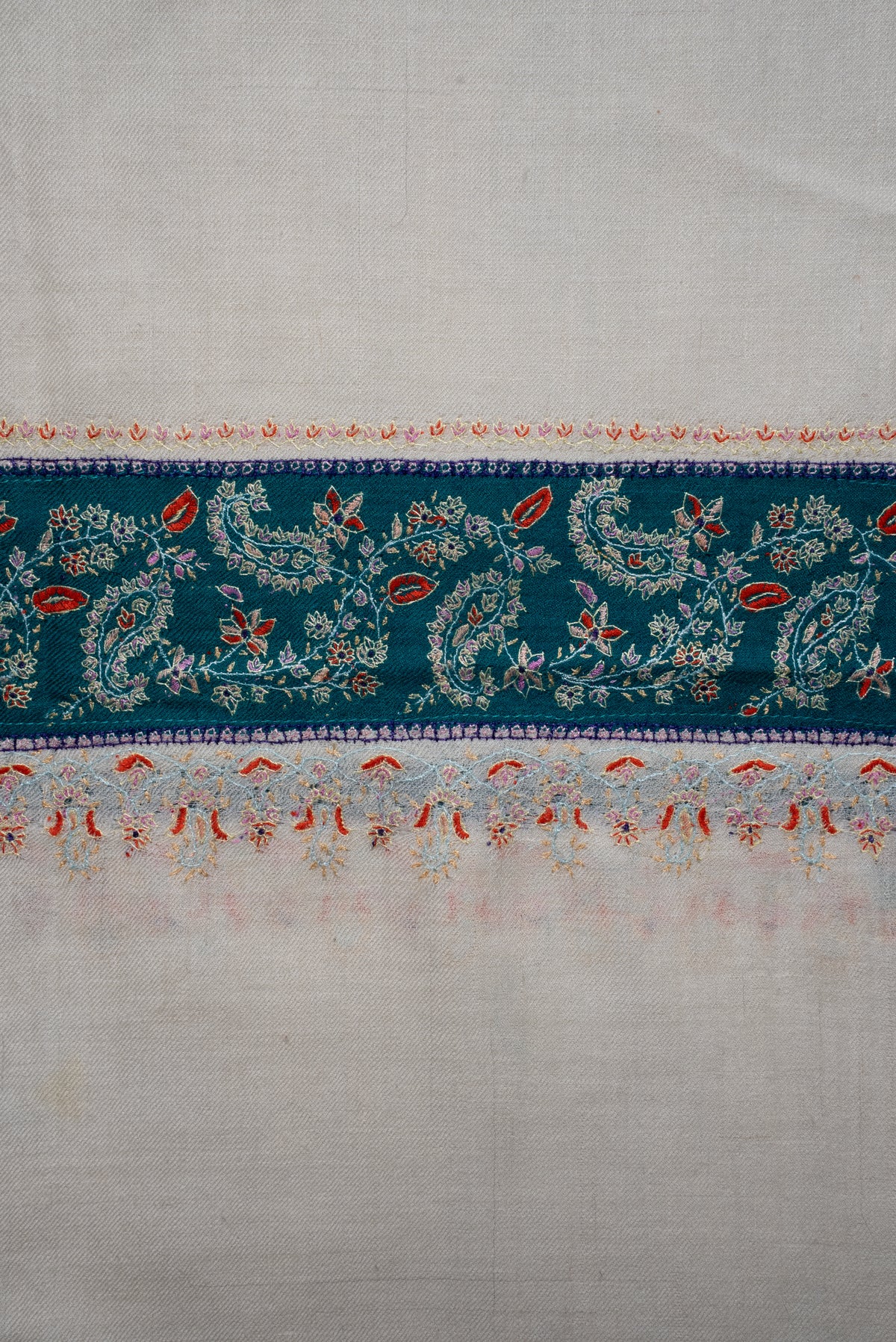Ivory Teal Heritage Border: Pure Pashmina Hand Embroidered Shawl