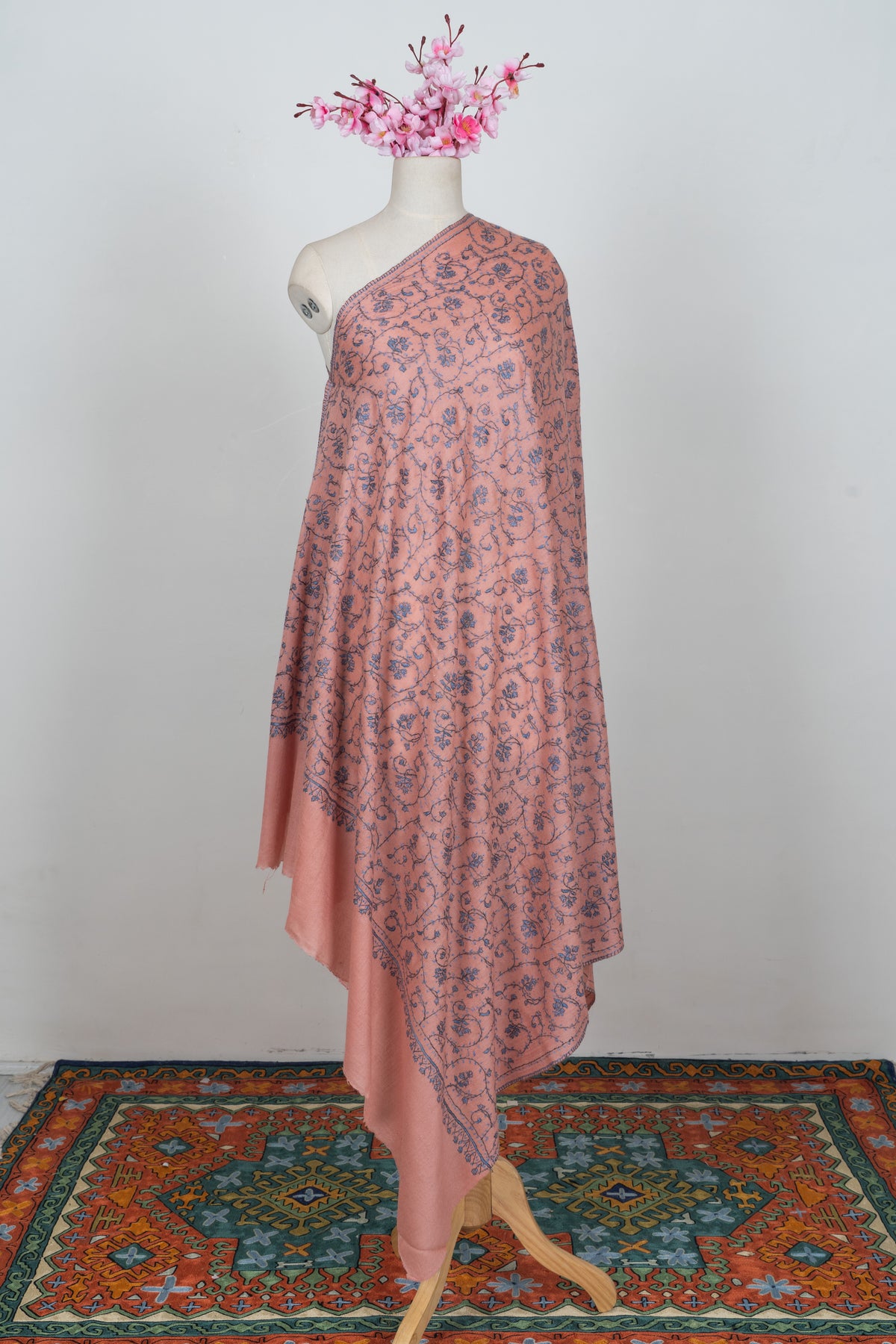 Blush Meadow Grace: Merino wool 2.5 Yards Sozni Hand Embroidered Shawl