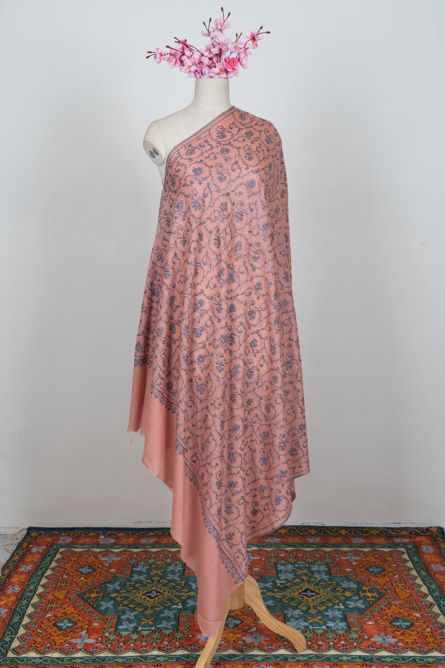 Blush Meadow Grace: Merino wool 2.5 Yards Sozni Hand Embroidered Shawl