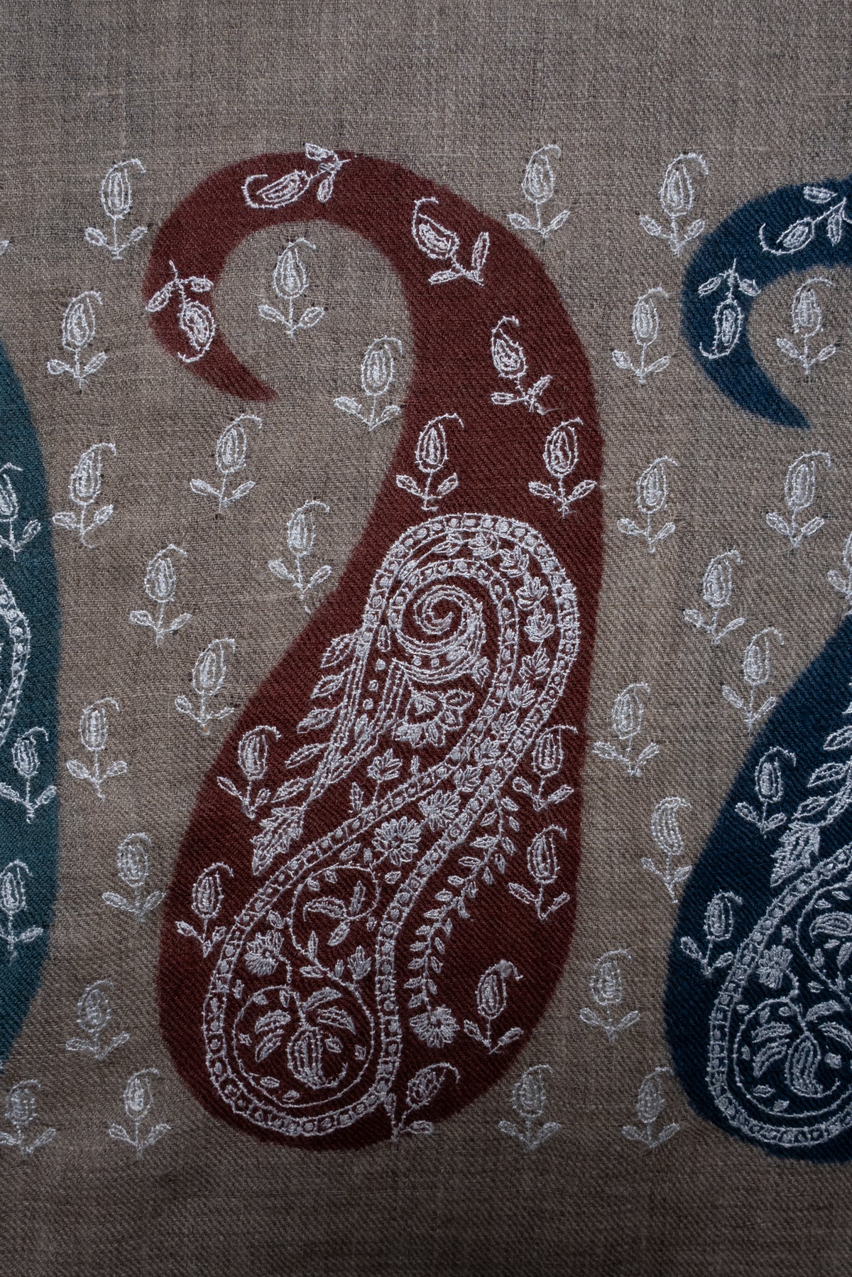 Taupe Paisley Cascade: Pure Pashmina Hand Embroidered Shawl