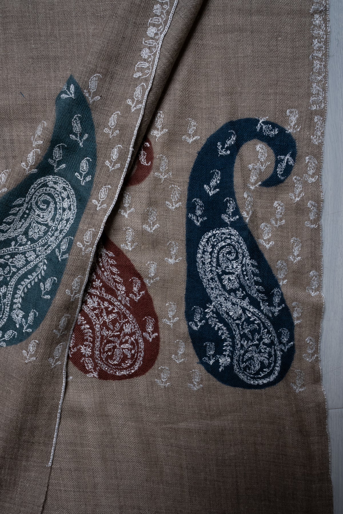 Taupe Paisley Cascade: Pure Pashmina Hand Embroidered Shawl