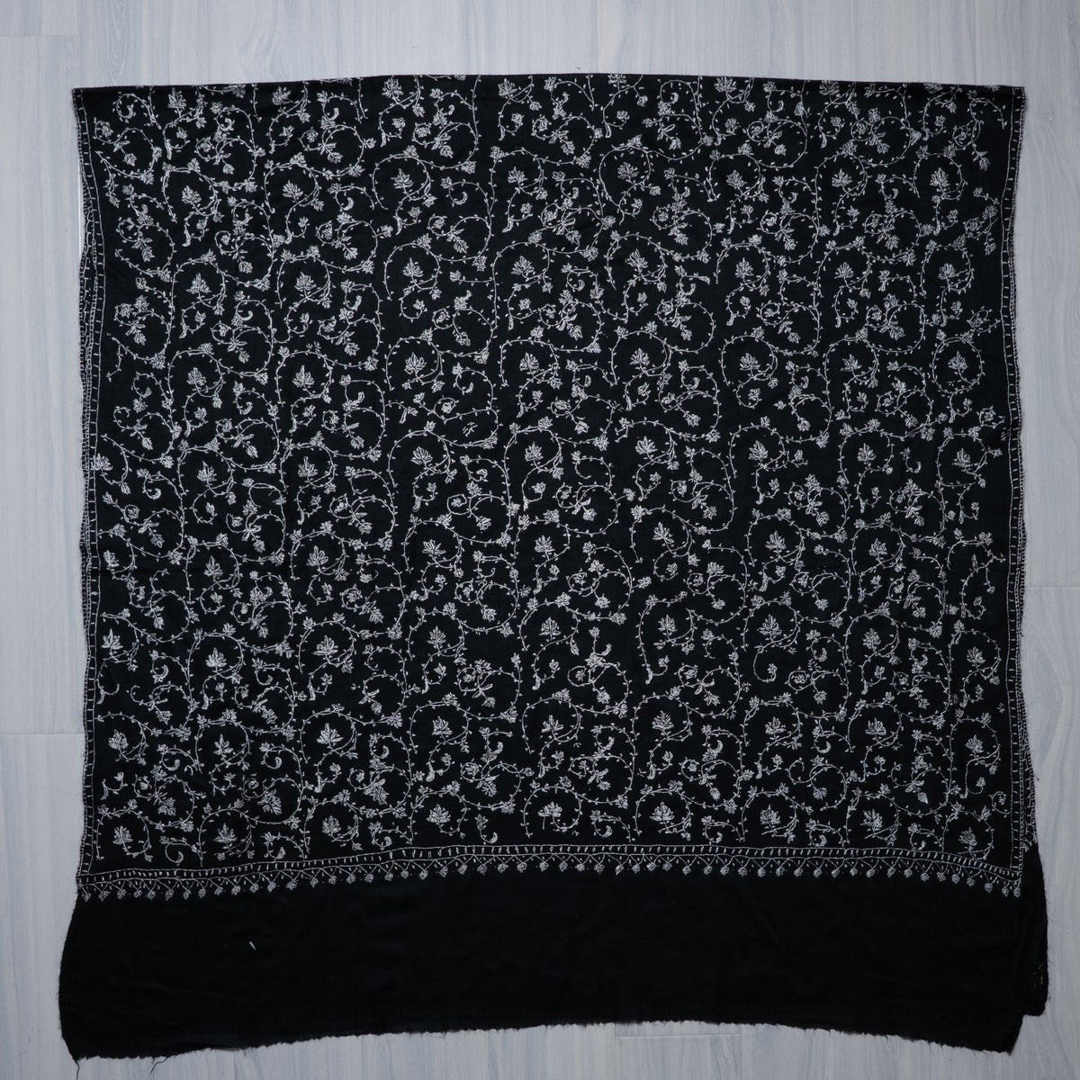 Noir Ivory Floral Weave: Merino Wool Hand Embroidered 2.5 Yards Shawl