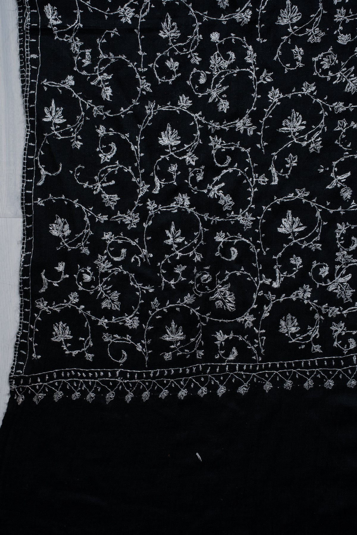 Noir Ivory Floral Weave: Merino Wool Hand Embroidered 2.5 Yards Shawl