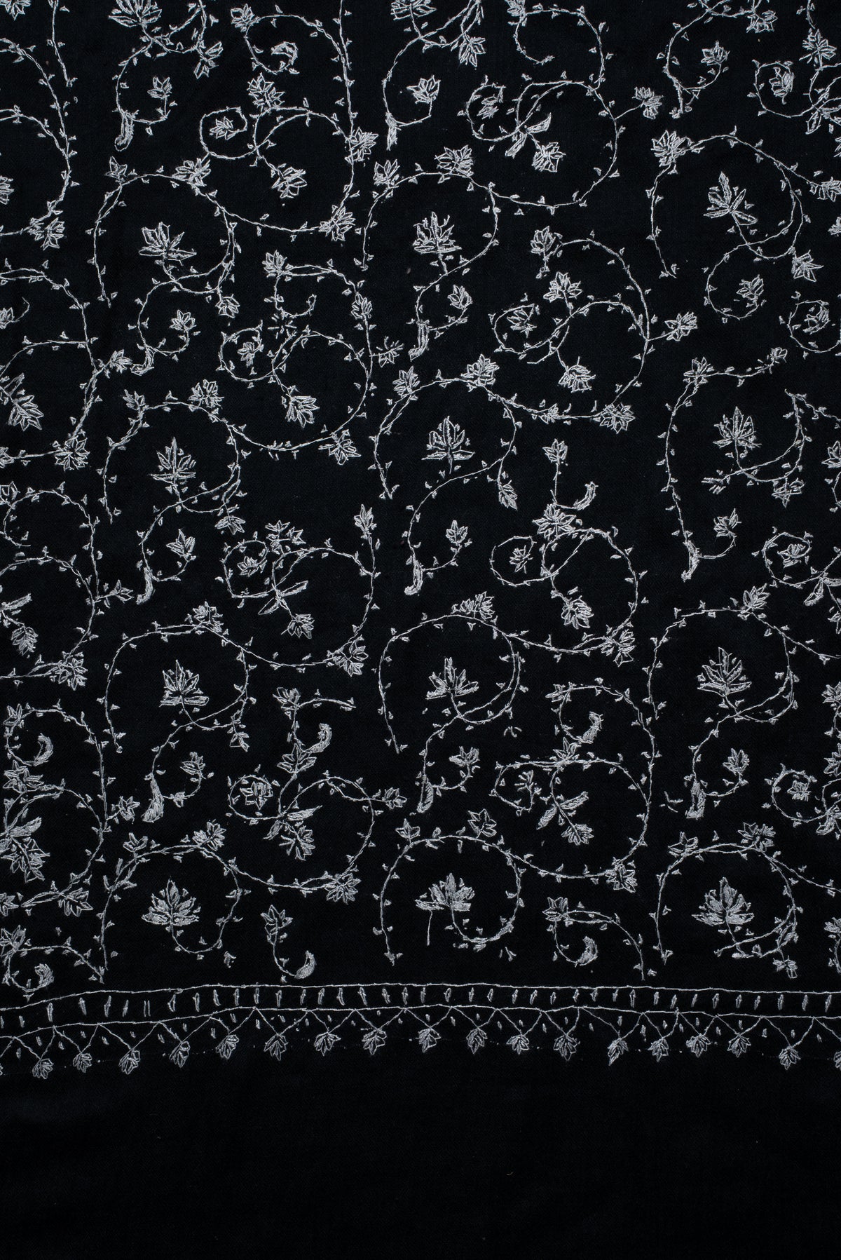 Noir Ivory Floral Weave: Merino Wool Hand Embroidered 2.5 Yards Shawl