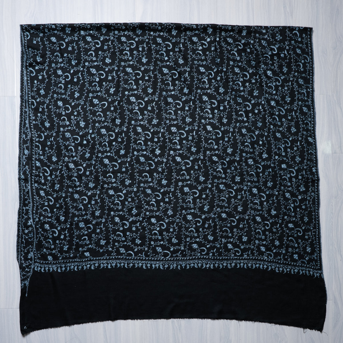 Midnight Blue Floral Trail: Merino Wool Hand Embroidered 2.5 Yards Shawl