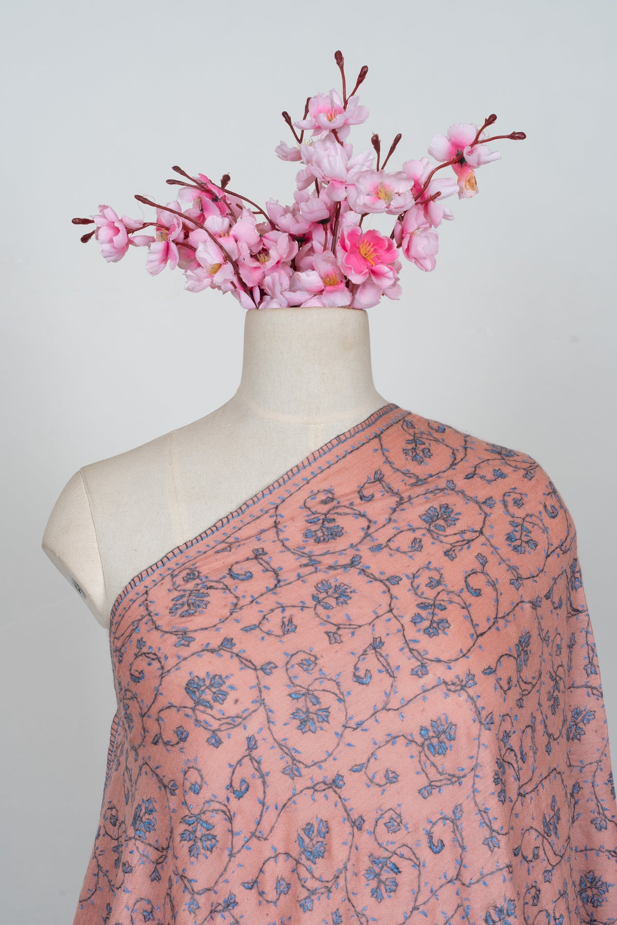 Blush Meadow Grace: Merino wool 2.5 Yards Sozni Hand Embroidered Shawl