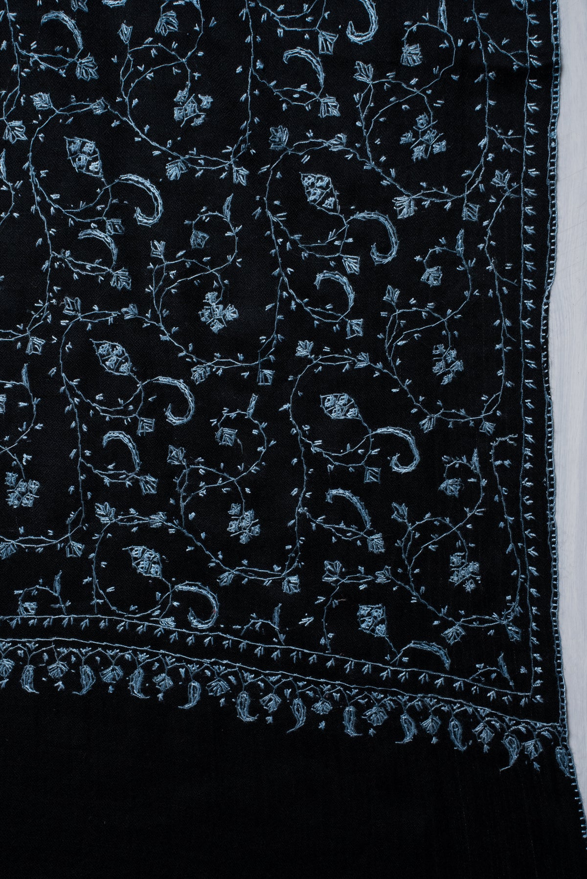 Midnight Blue Floral Trail: Merino Wool Hand Embroidered 2.5 Yards Shawl