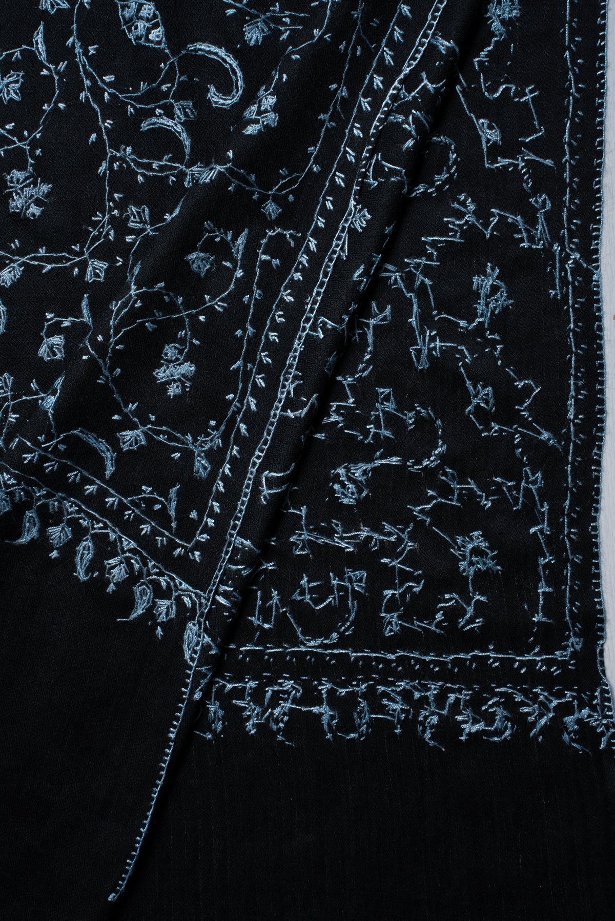 Midnight Blue Floral Trail: Merino Wool Hand Embroidered 2.5 Yards Shawl
