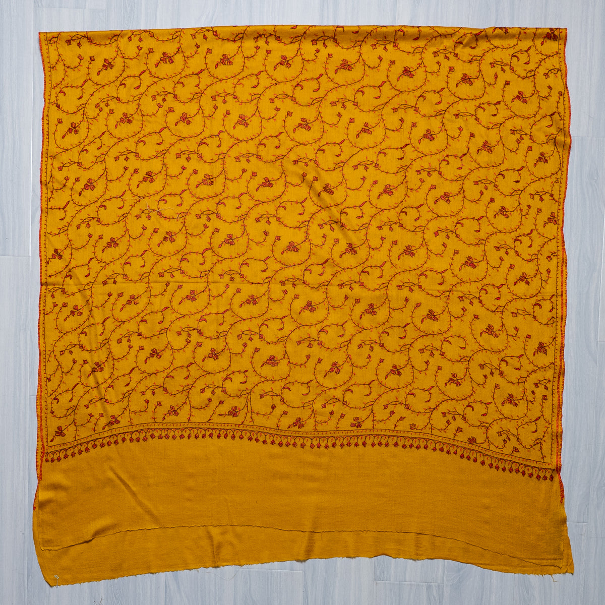 Saffron Vine Radiance: Merino Wool Hand Embroidered 2.5 Yards Shawl