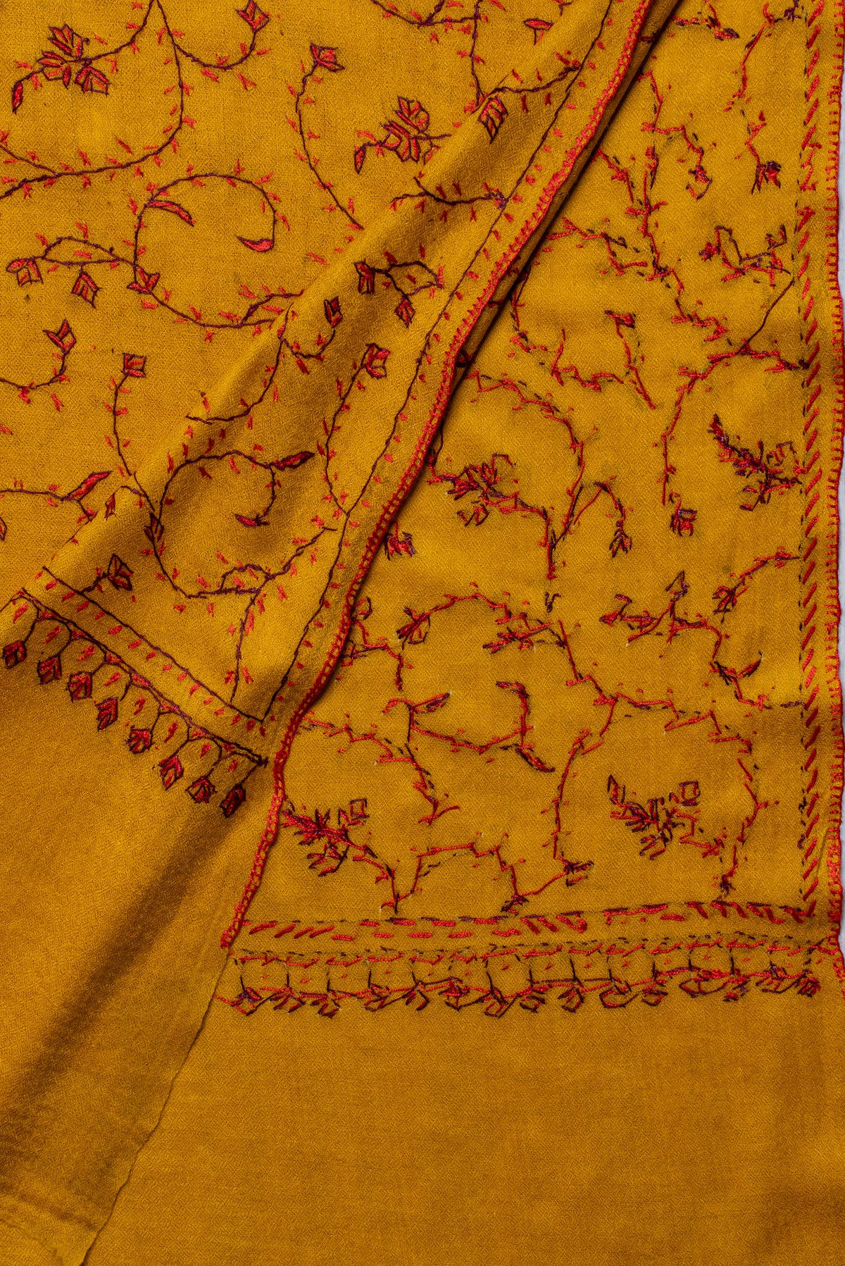 Saffron Vine Radiance: Merino Wool Hand Embroidered 2.5 Yards Shawl