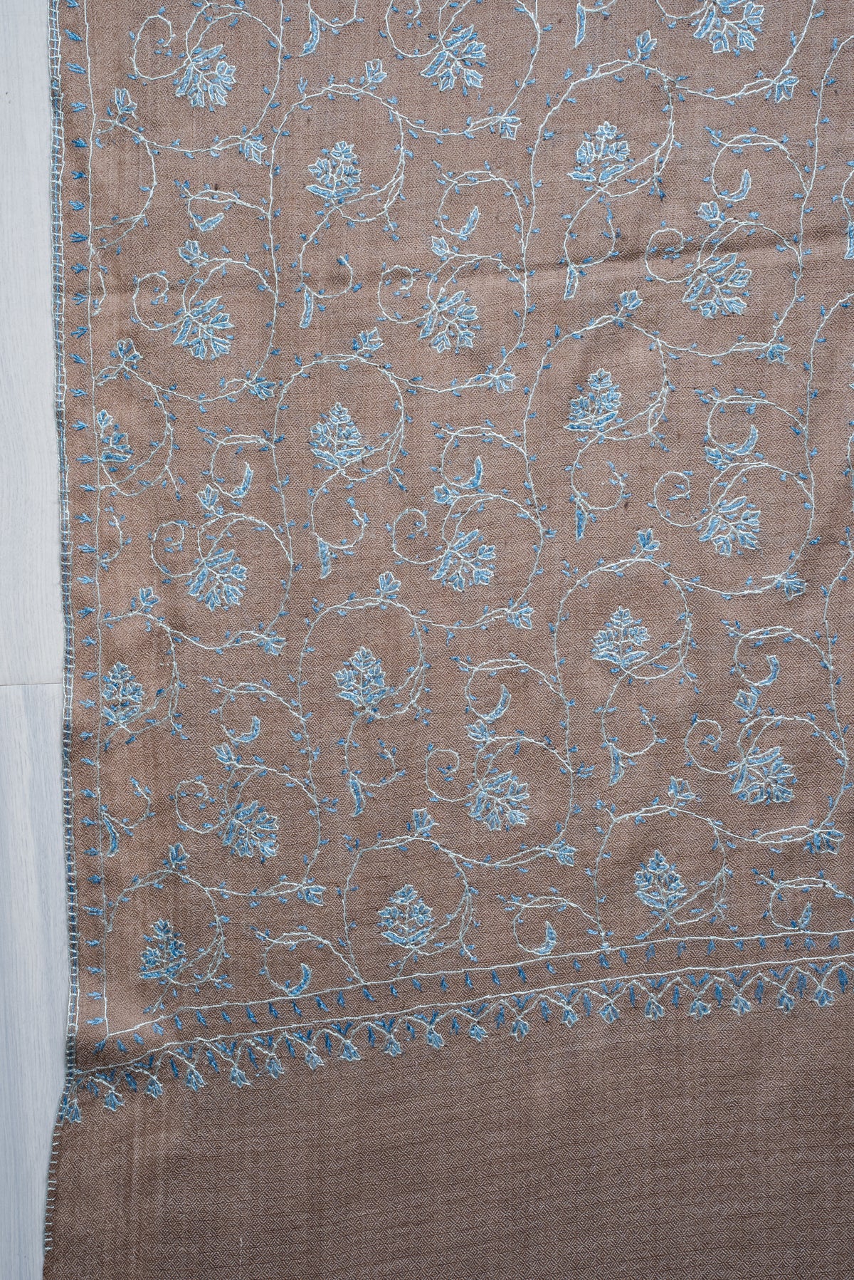 Taupe Azure Floral Trail: Merino Wool Hand Embroidered 2.5 Yards Shawl