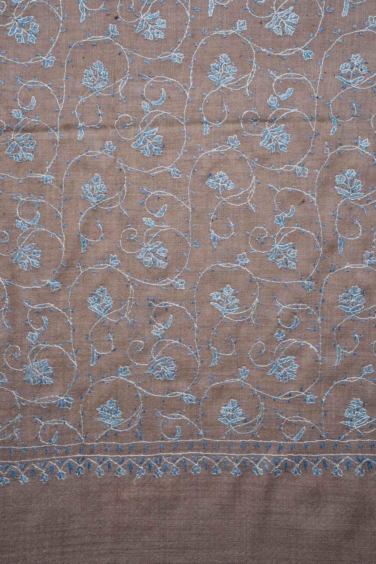 Taupe Azure Floral Trail: Merino Wool Hand Embroidered 2.5 Yards Shawl