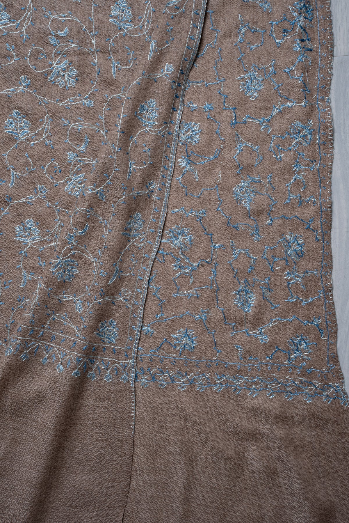 Taupe Azure Floral Trail: Merino Wool Hand Embroidered 2.5 Yards Shawl