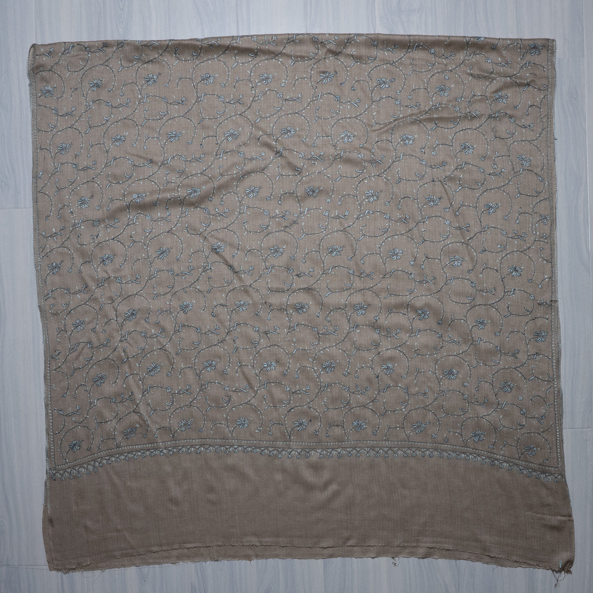 Ash Blue Floral Symphony: Merino Wool Hand Embroidered 2.5 Yards Shawl