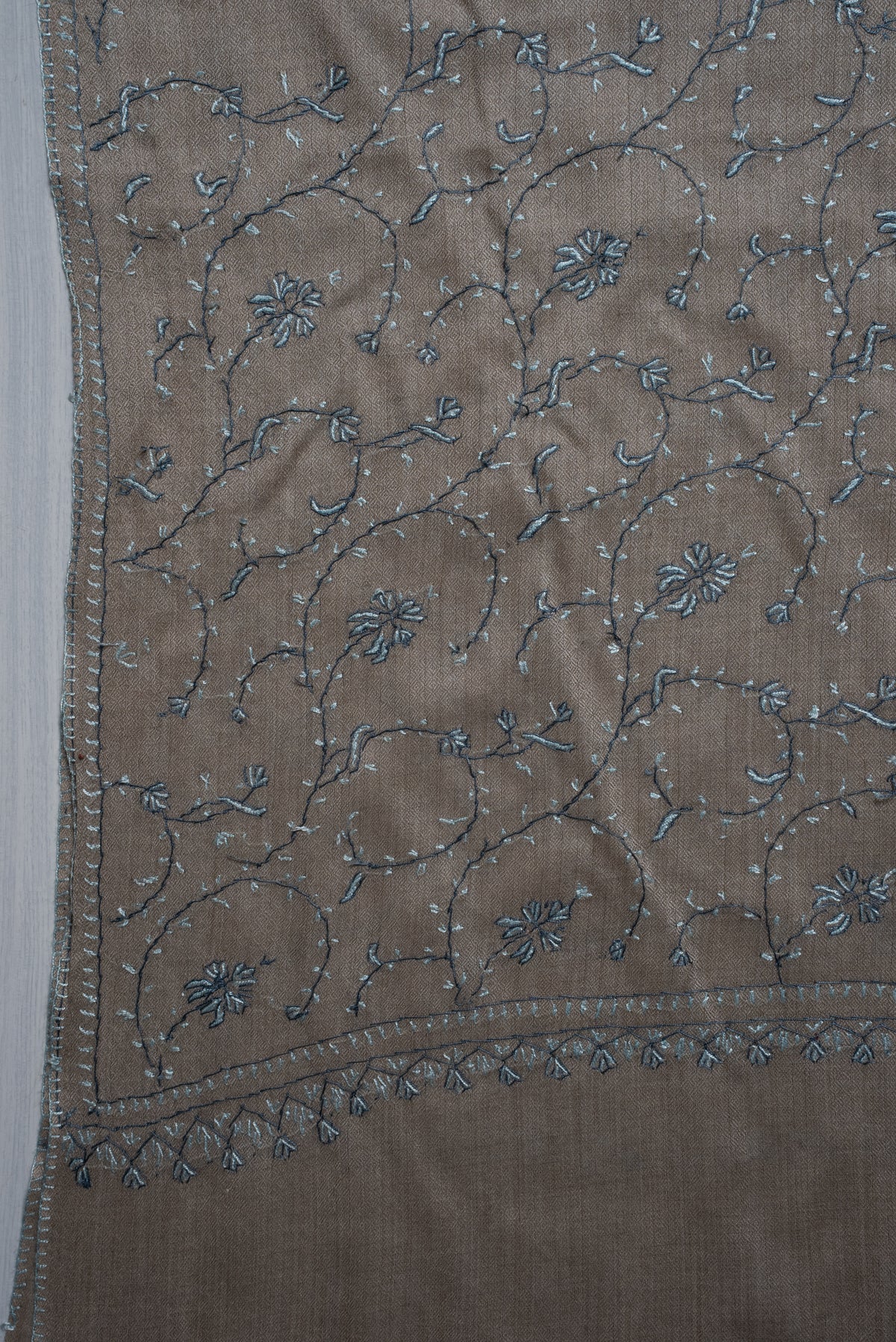 Ash Blue Floral Symphony: Merino Wool Hand Embroidered 2.5 Yards Shawl