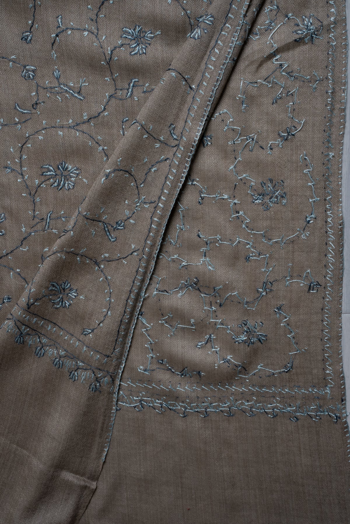 Ash Blue Floral Symphony: Merino Wool Hand Embroidered 2.5 Yards Shawl