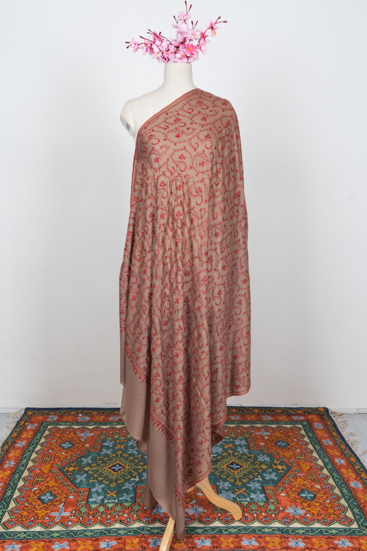 Rosewood Whisper: Merino wool 2.5 Yards Sozni Hand Embroidered Shawl
