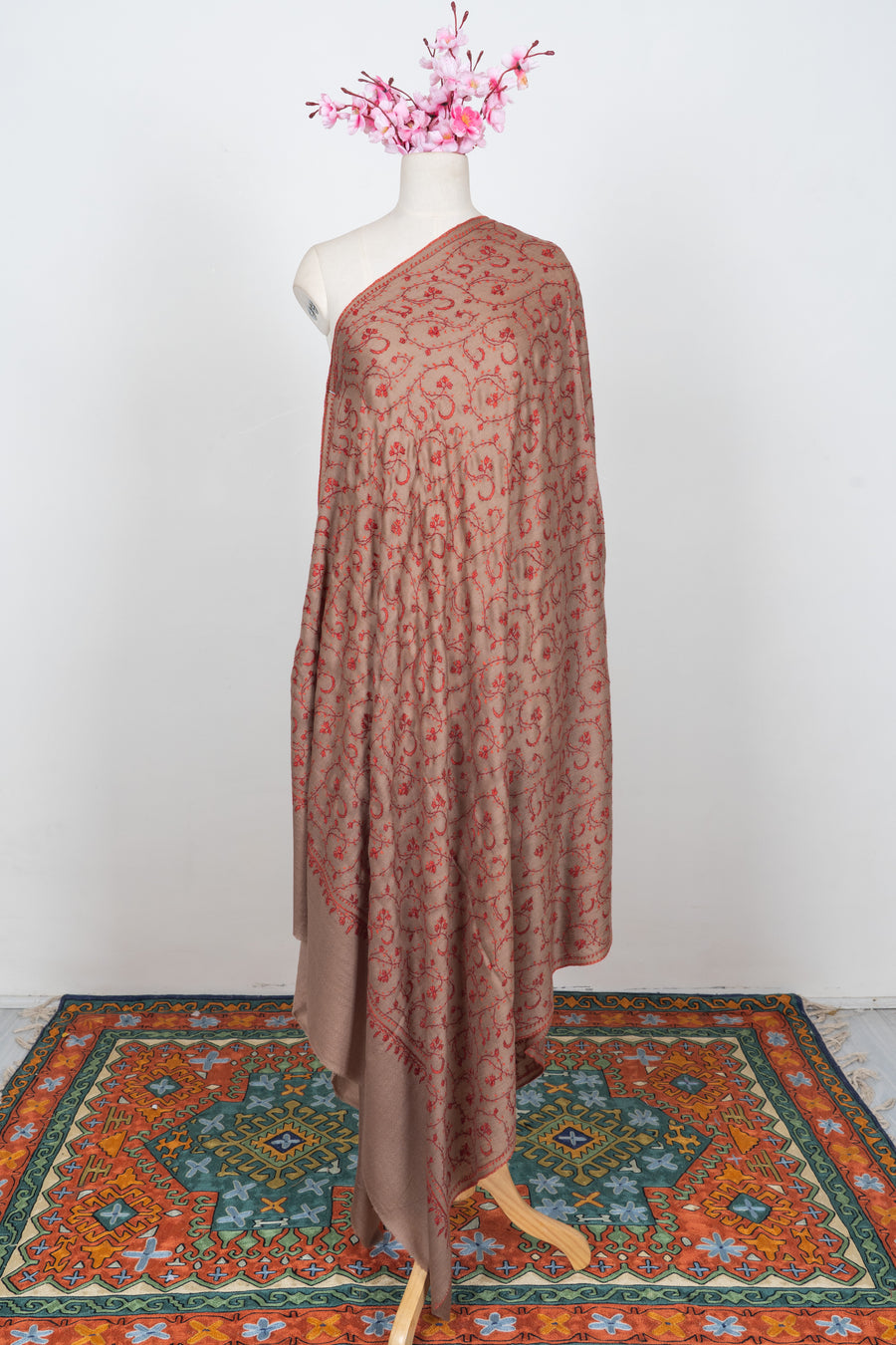 Rosewood Whisper: Merino wool 2.5 Yards Sozni Hand Embroidered Shawl