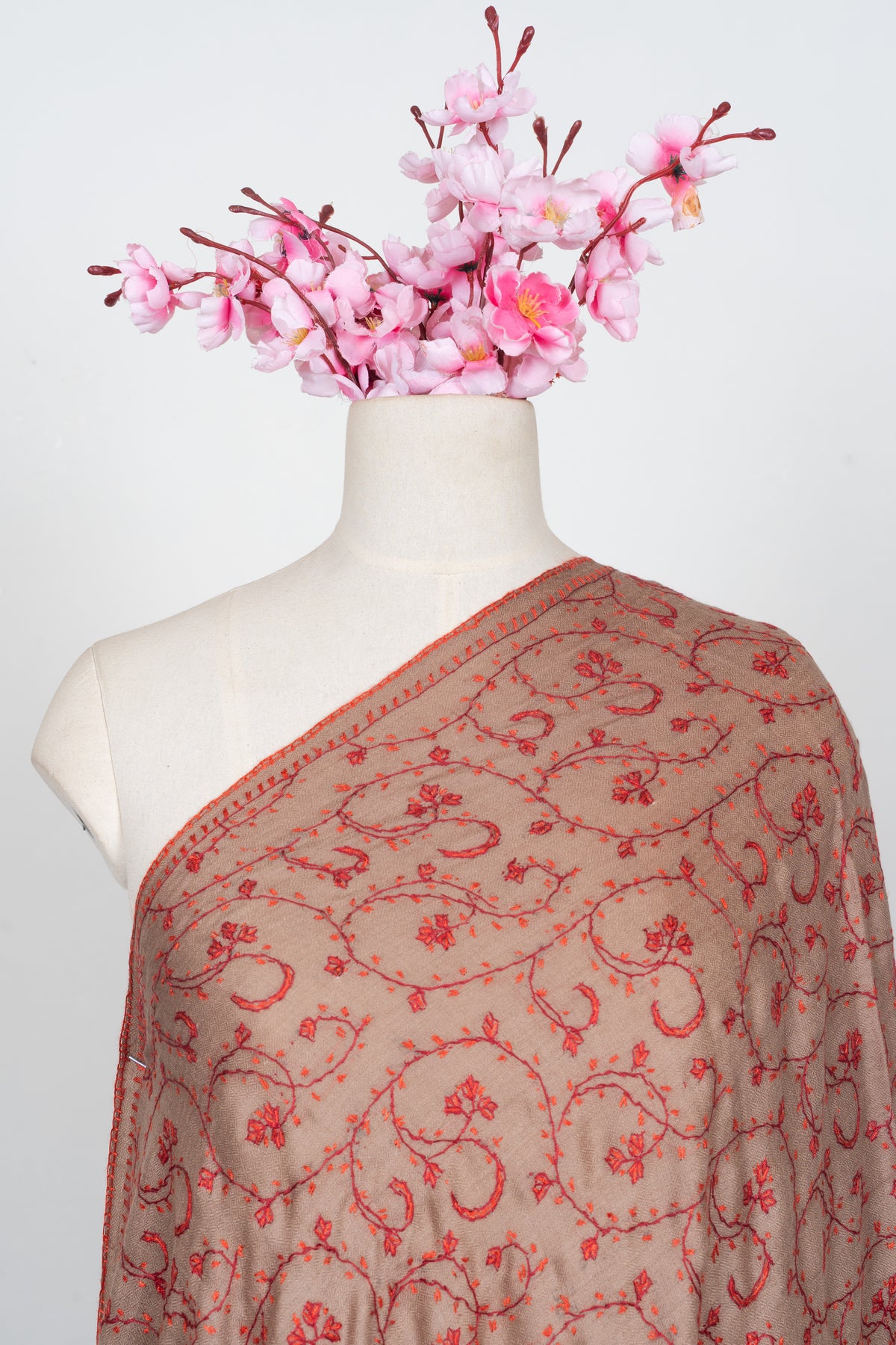 Rosewood Whisper: Merino wool 2.5 Yards Sozni Hand Embroidered Shawl