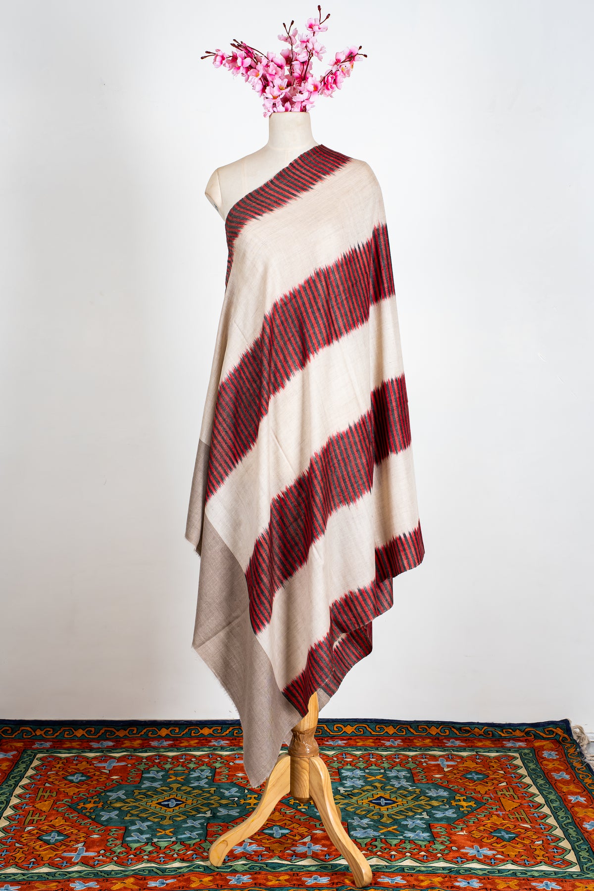 Crimson Rhythm: Pure Pashmina Ikat Shawl