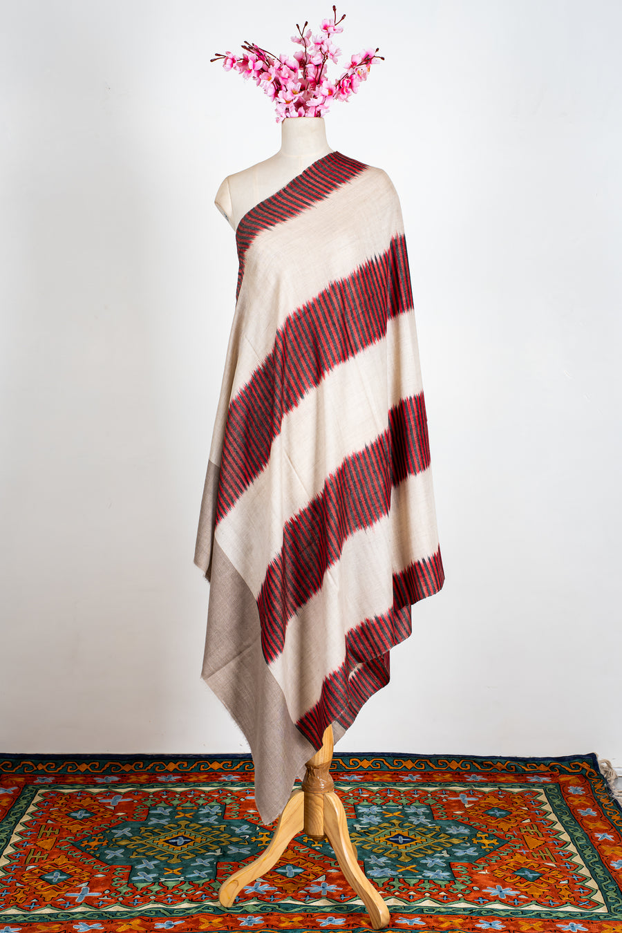 Crimson Rhythm: Pure Pashmina Ikat Shawl