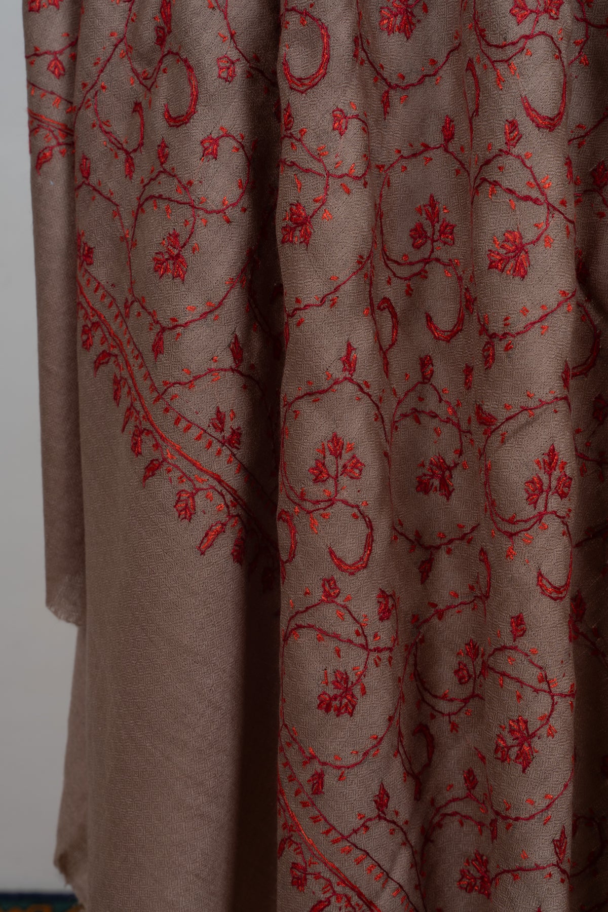 Rosewood Whisper: Merino wool 2.5 Yards Sozni Hand Embroidered Shawl