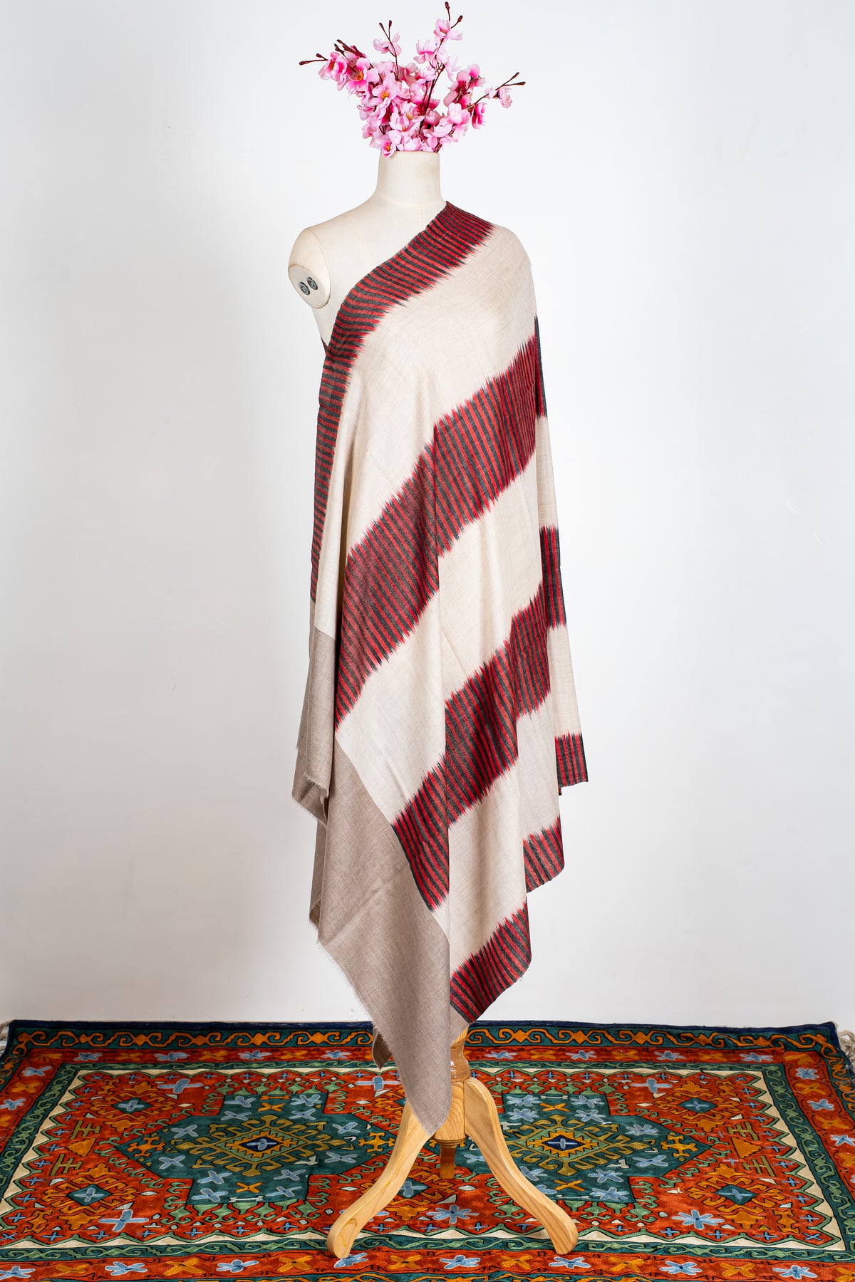 Crimson Rhythm: Pure Pashmina Ikat Shawl