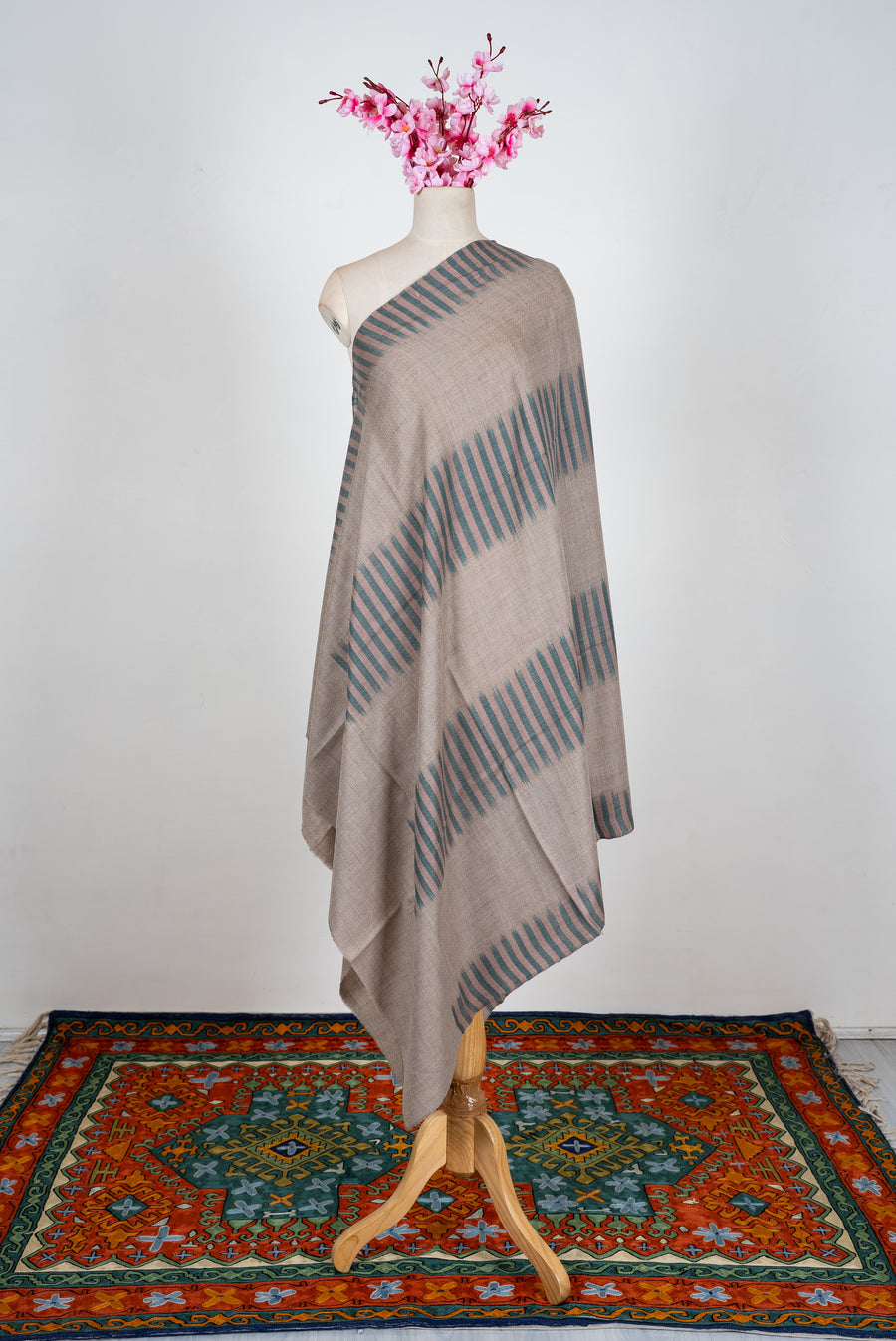 Teal Whisper Lines: Pure Pashmina Ikat Shawl